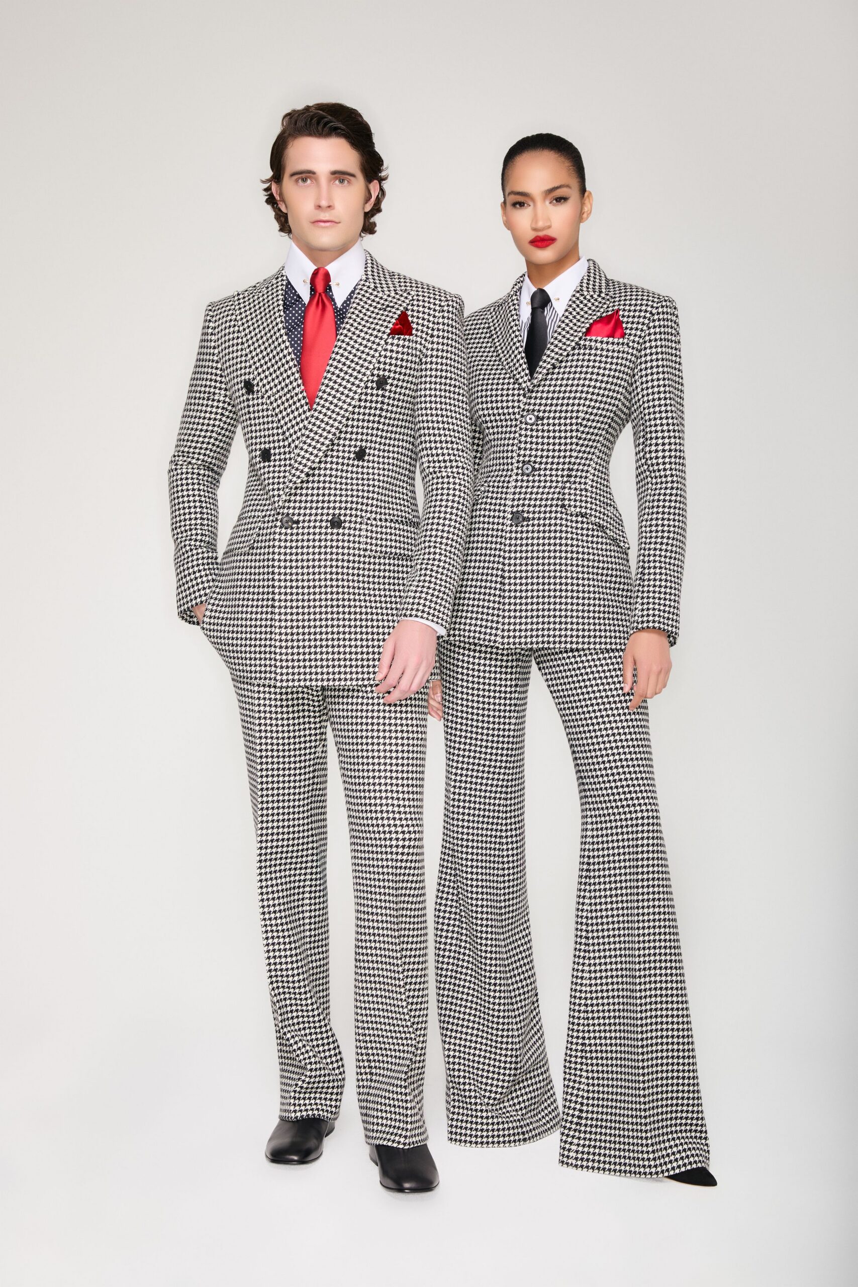 black long-sleeve tailored checked flared pants