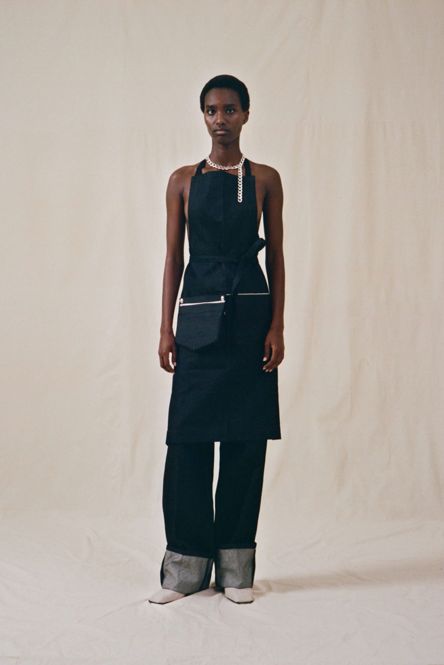 black fitted top with wide-leg pants