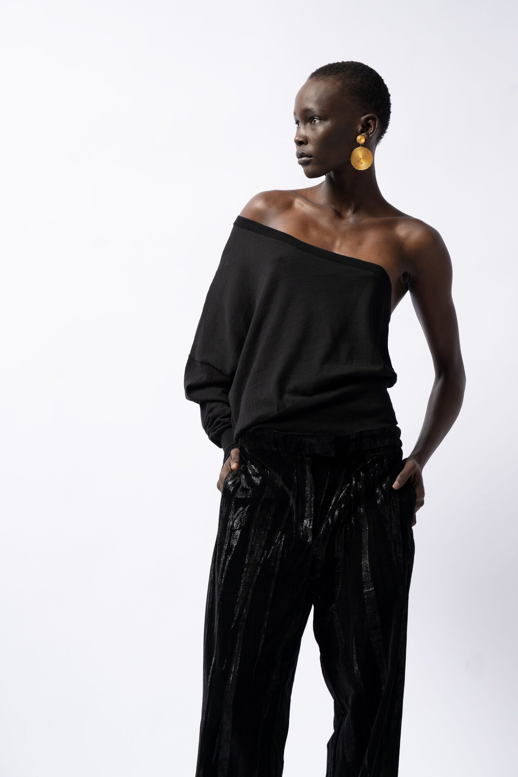 black cotton long-sleeve off-shoulder relaxed top