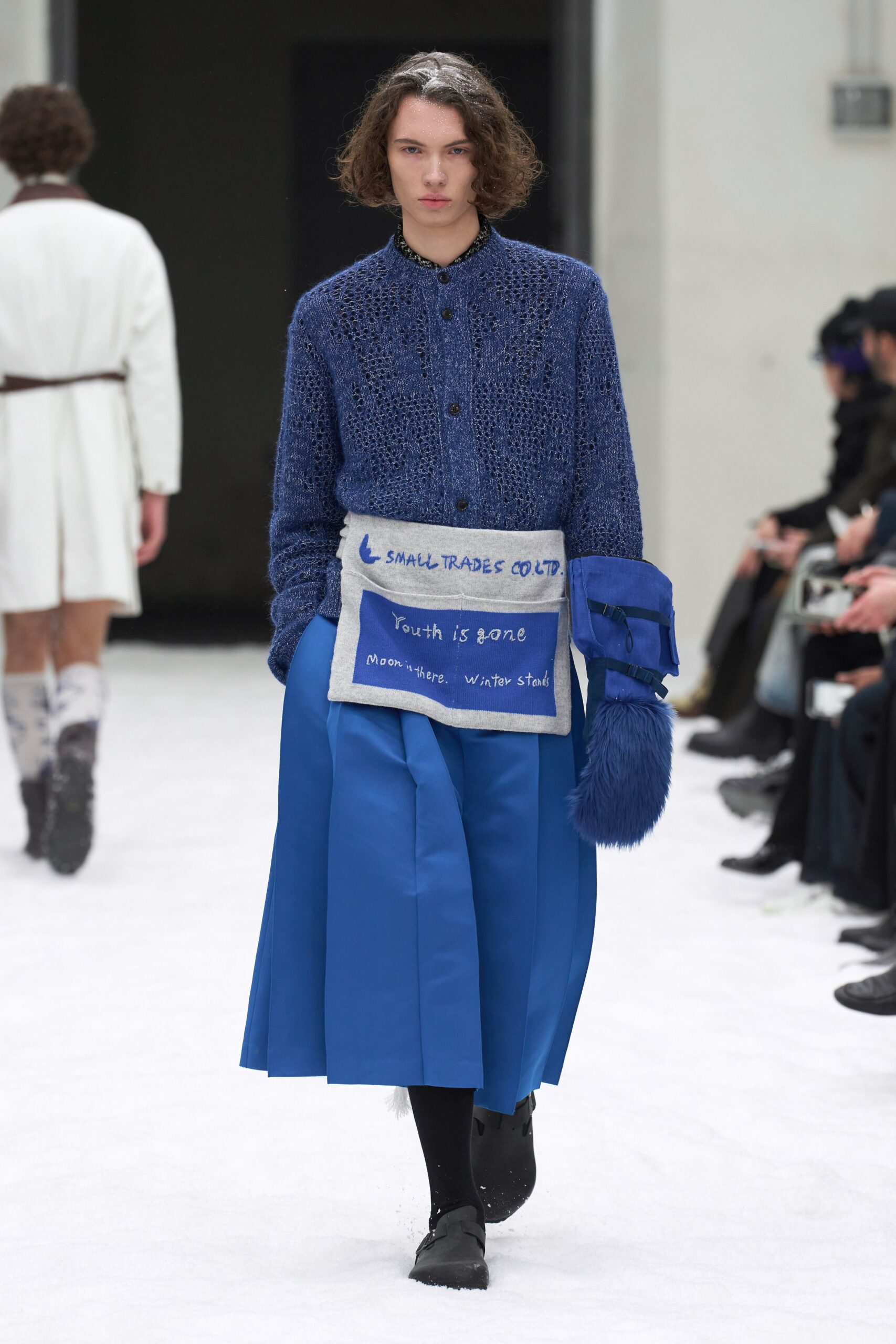 blue fitted pleated midi skirt