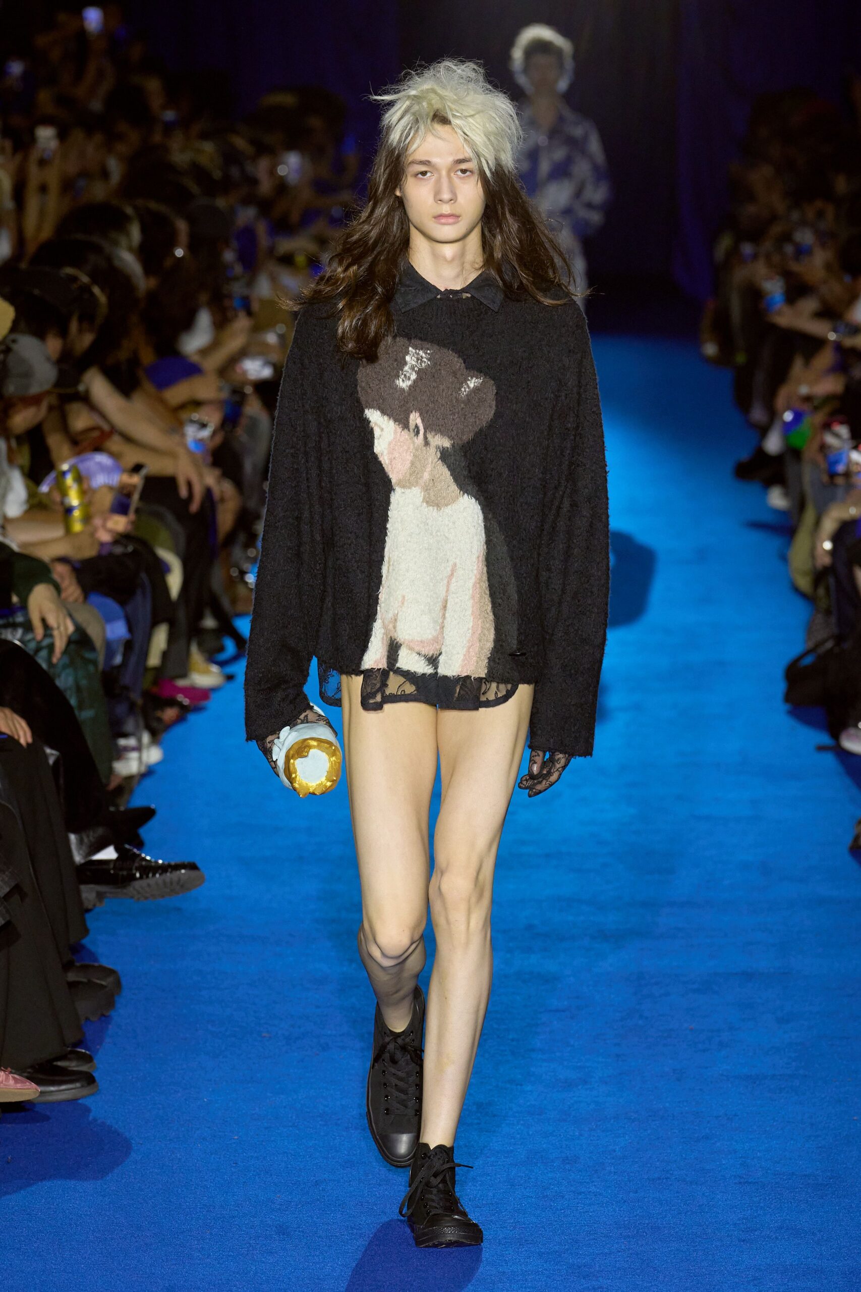 black wool long-sleeve collared oversized printed sweater