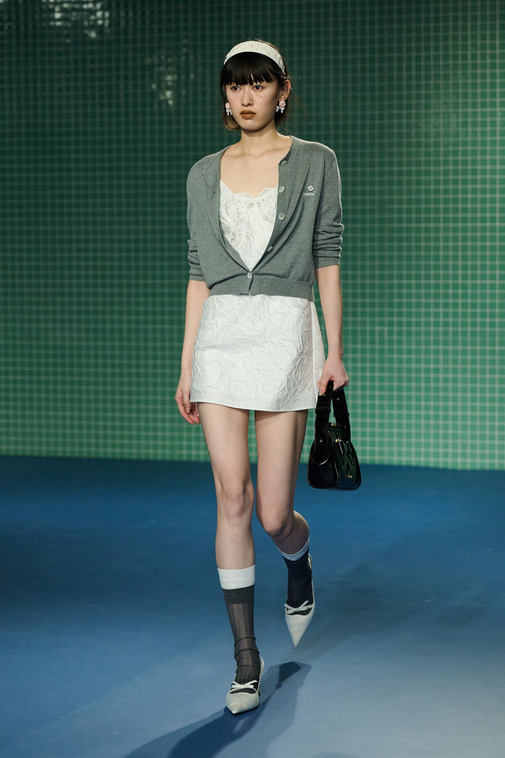 gray cardigan white mini dress