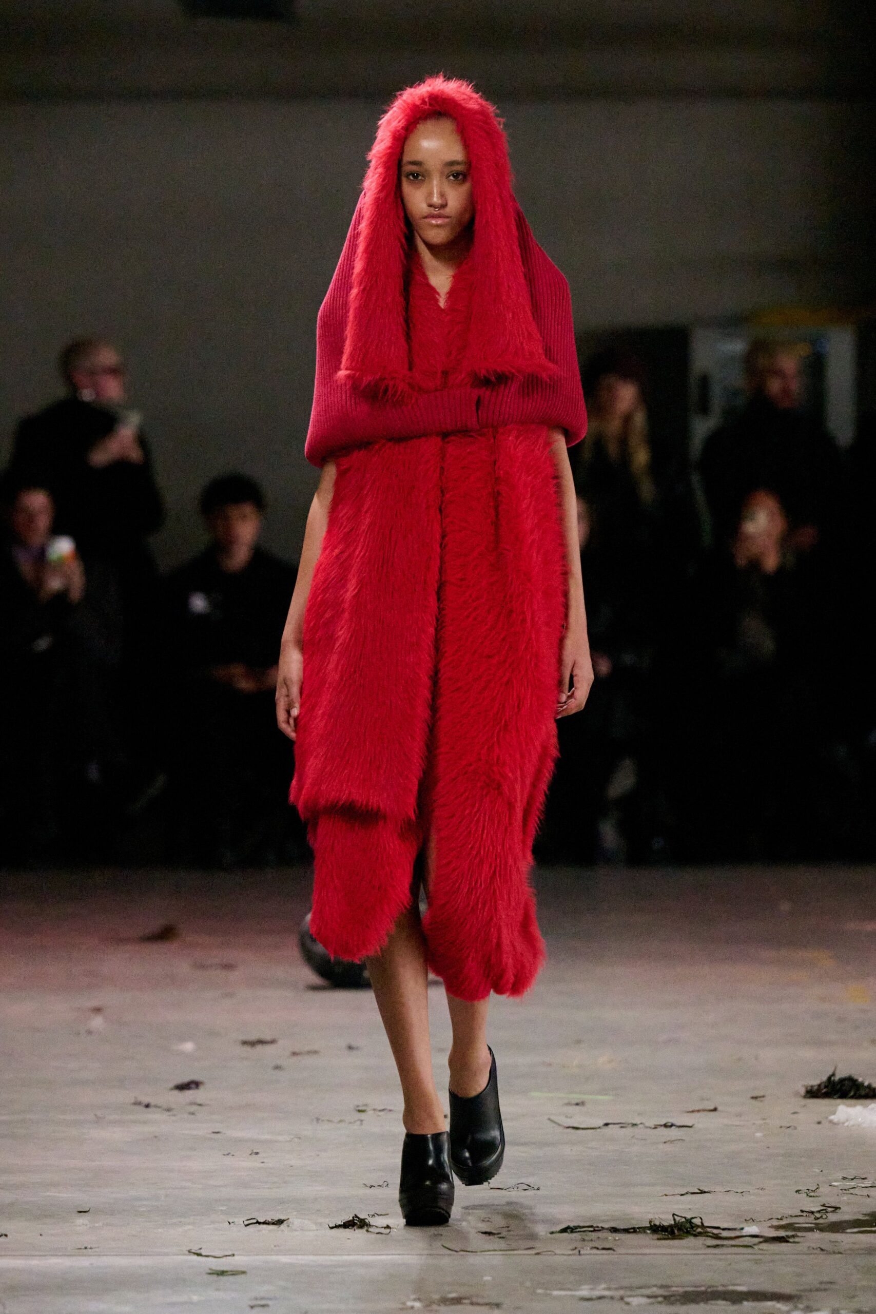 red faux-fur midi dress with black shoes
