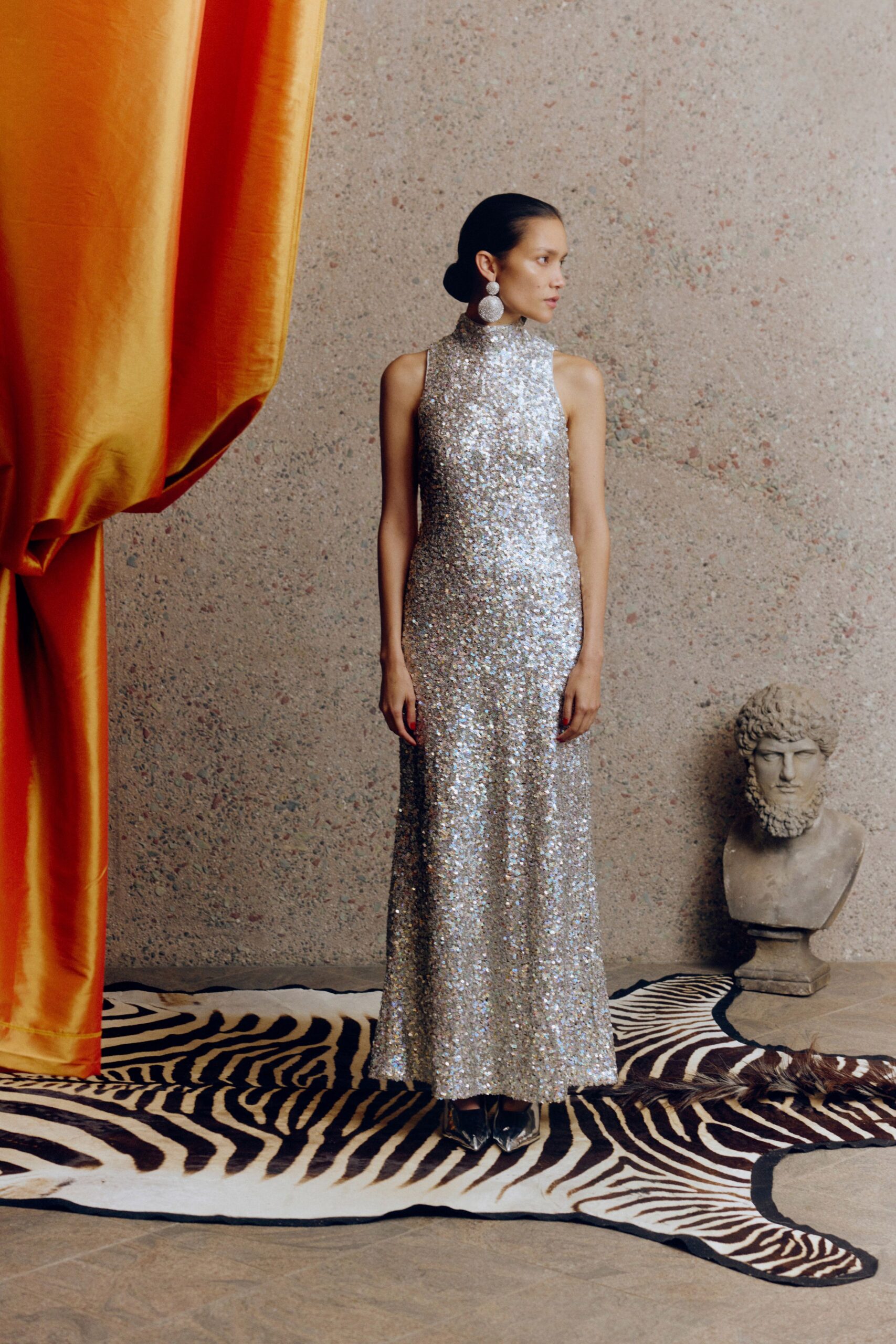 silver sequin sleeveless gown