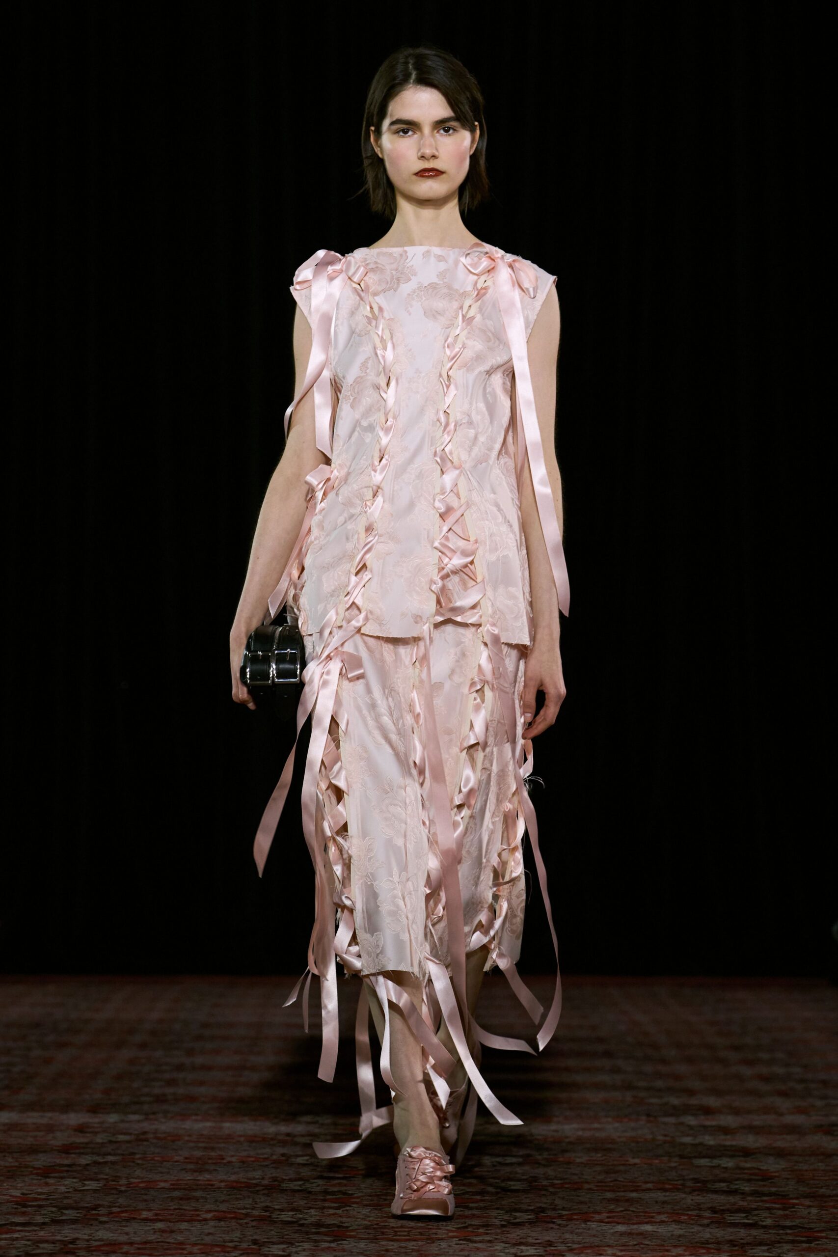 pink silk sleeveless fitted ruffled layered midi dress