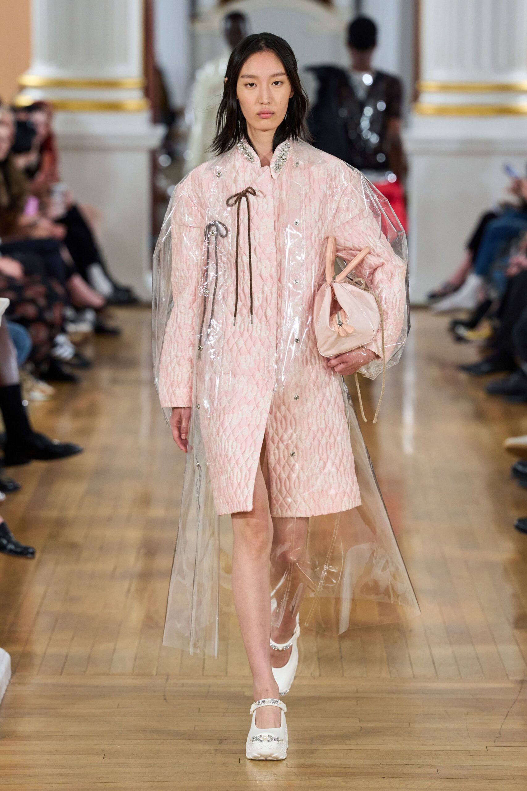 pink vinyl long-sleeve collared relaxed embroidered shiny coat