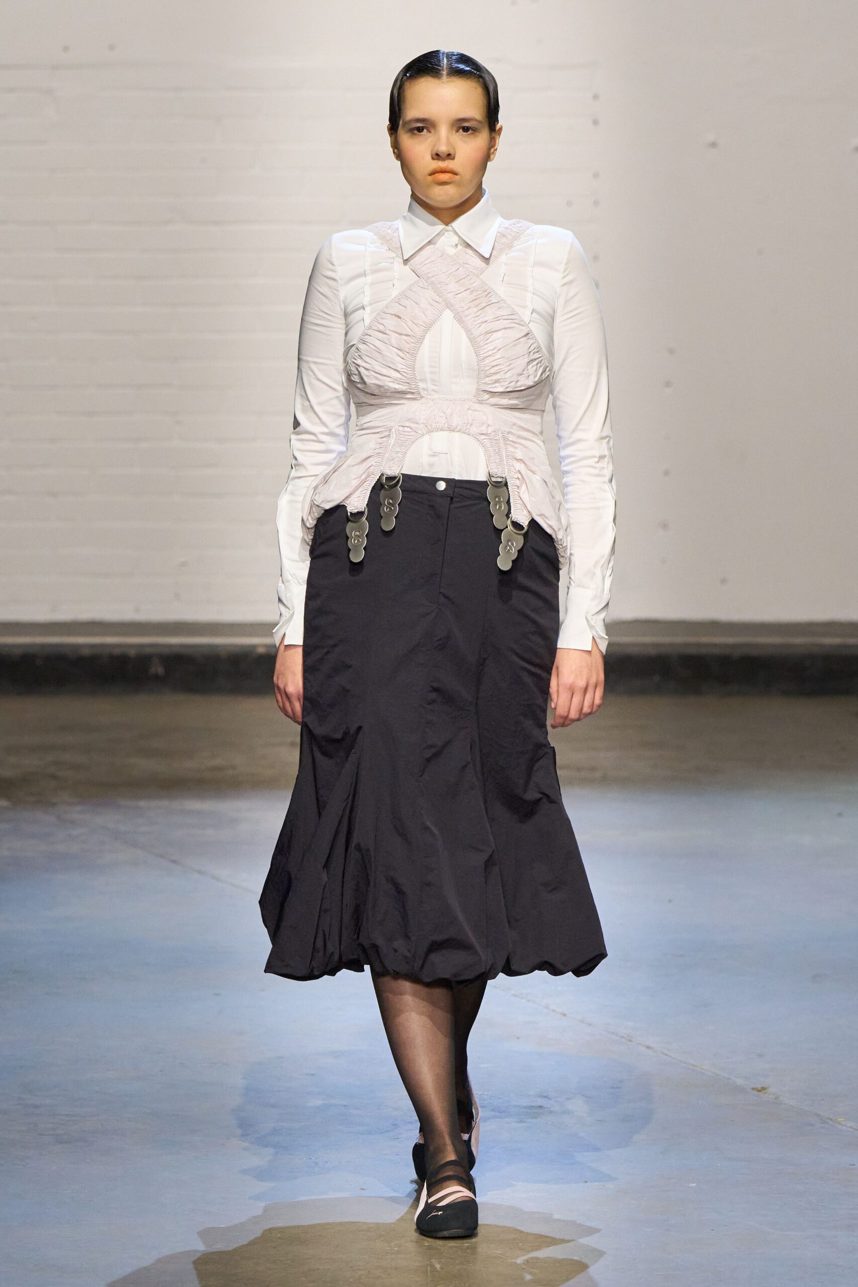 white shirt pink top black skirt