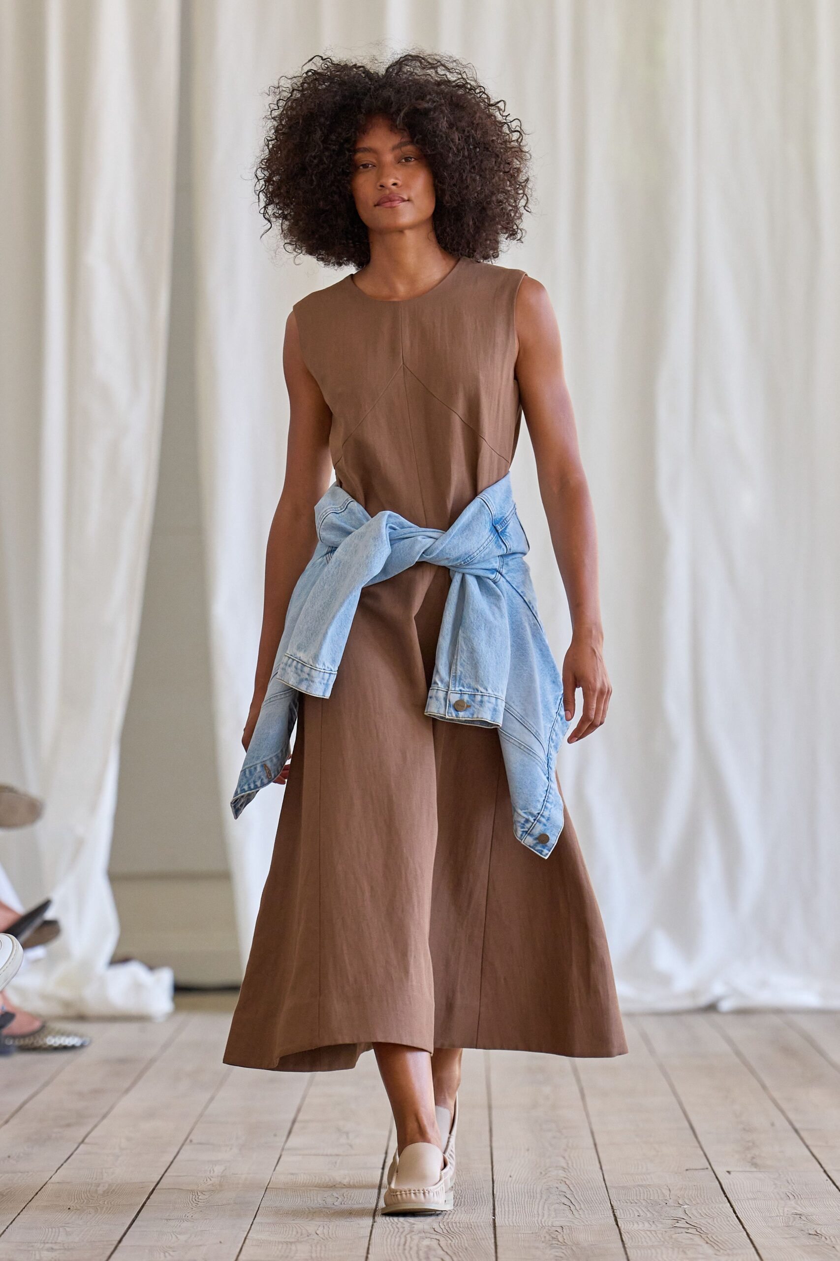 brown cotton sleeveless high-neck fitted a-line maxi dress