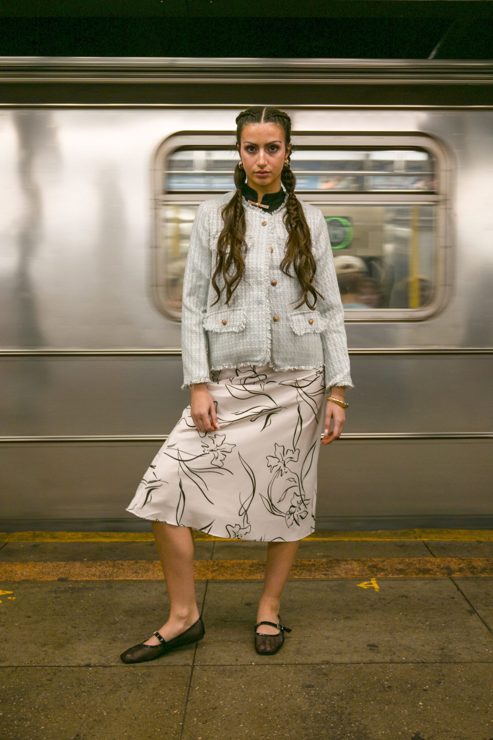 beige silk fitted flared midi skirt