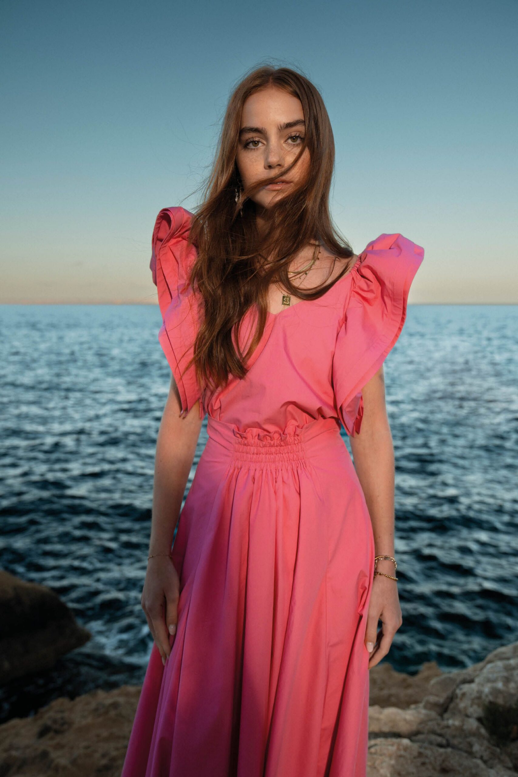 pink ruffled maxi dress