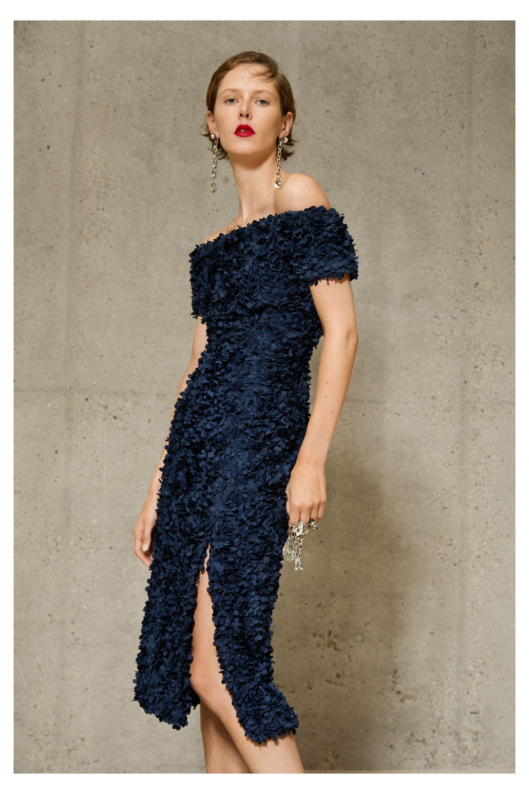 blue ruffled off-shoulder dress