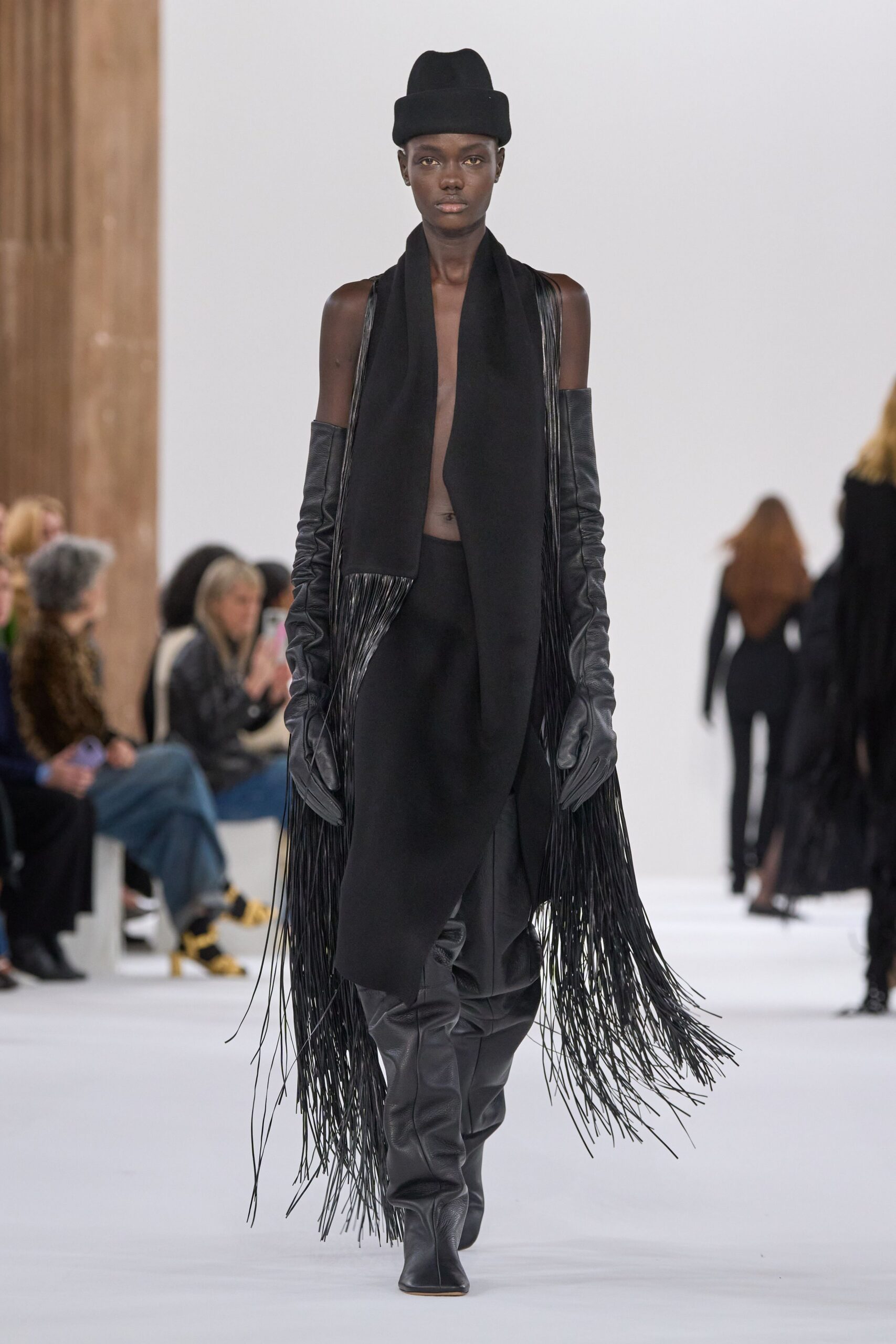 black fringed midi dress with gloves