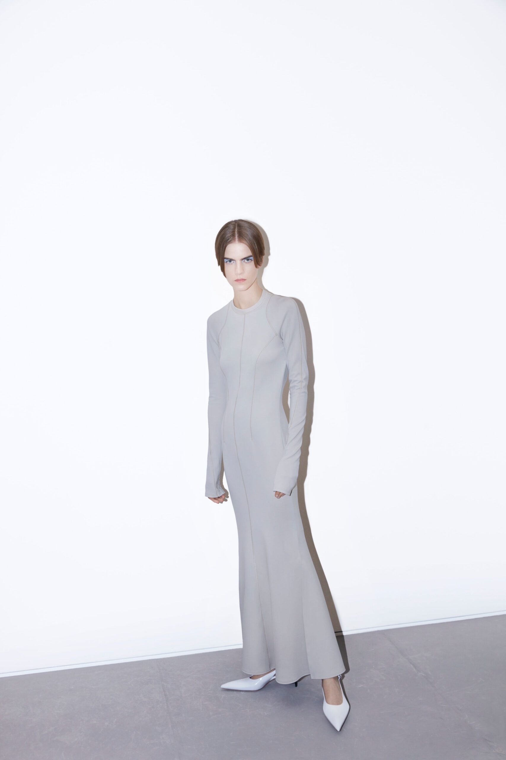gray jersey long-sleeve high-neck fitted straight-leg maxi gown