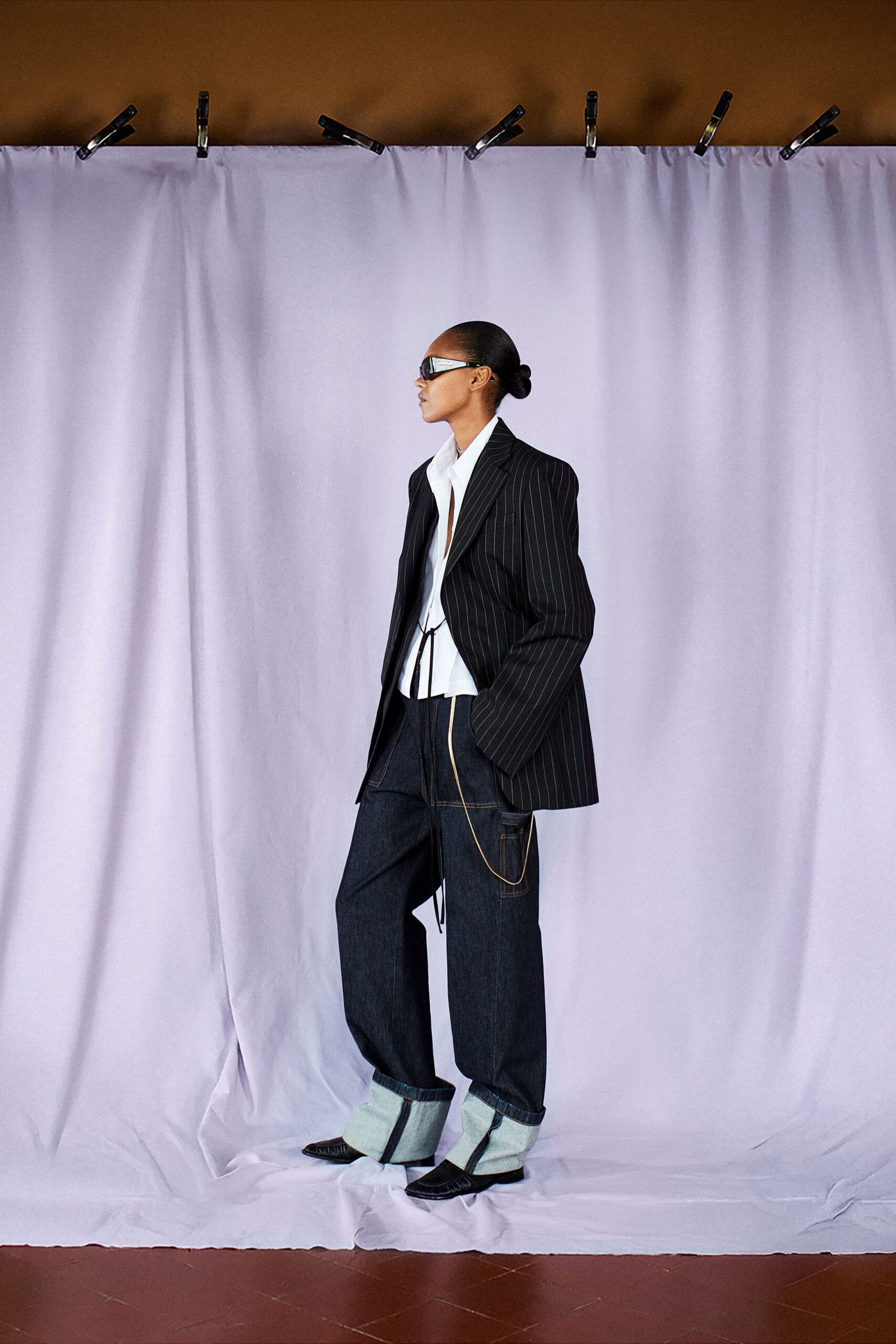 black striped blazer with white shirt