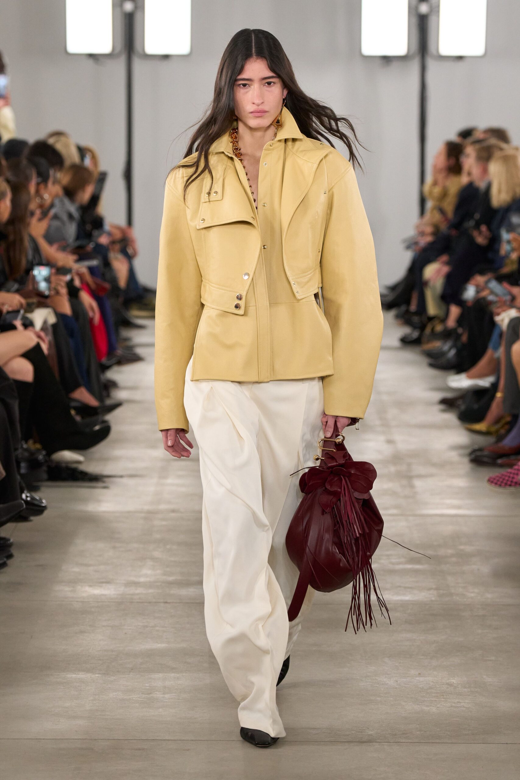 yellow leather long-sleeve collared fitted jacket