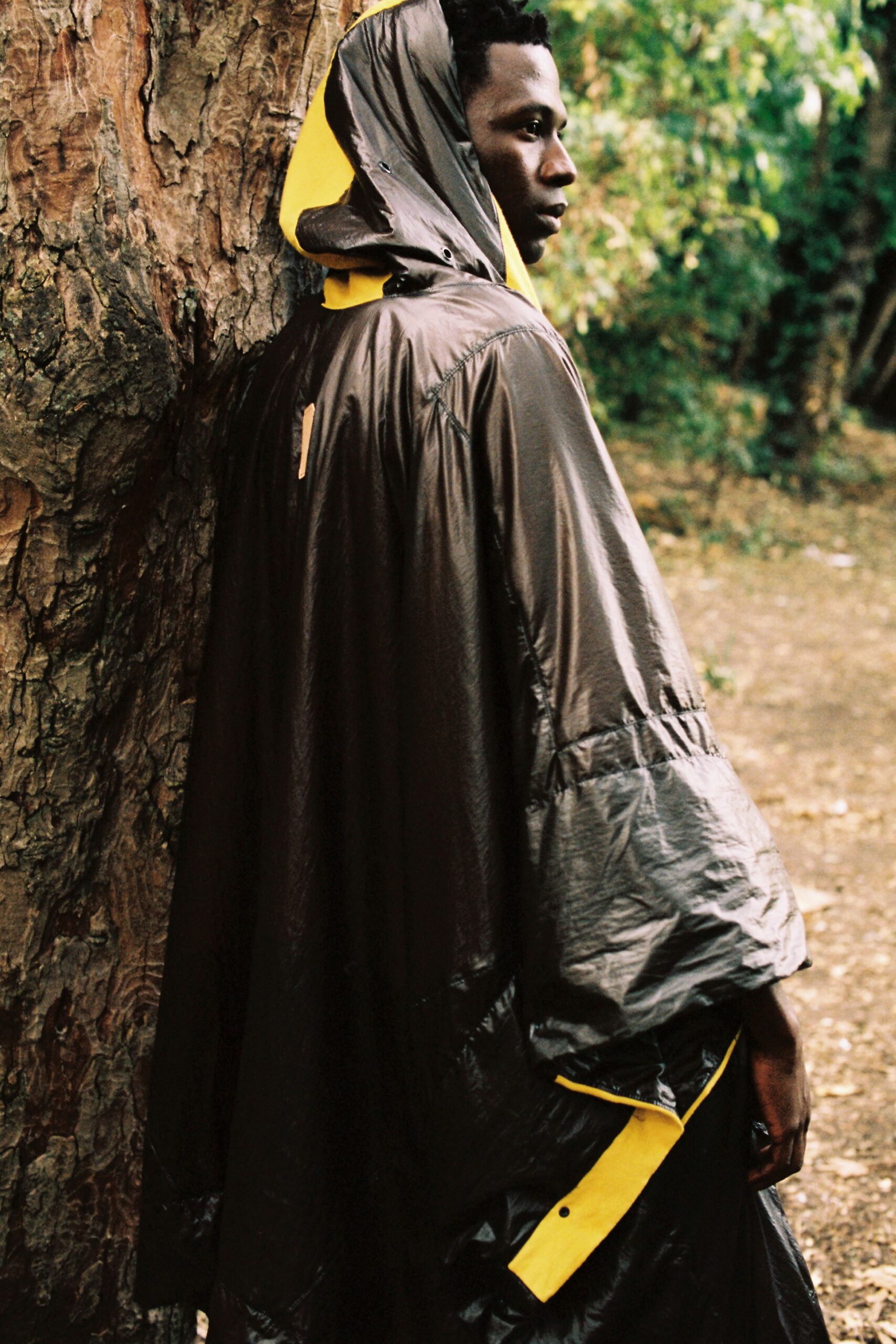 brown yellow hooded poncho