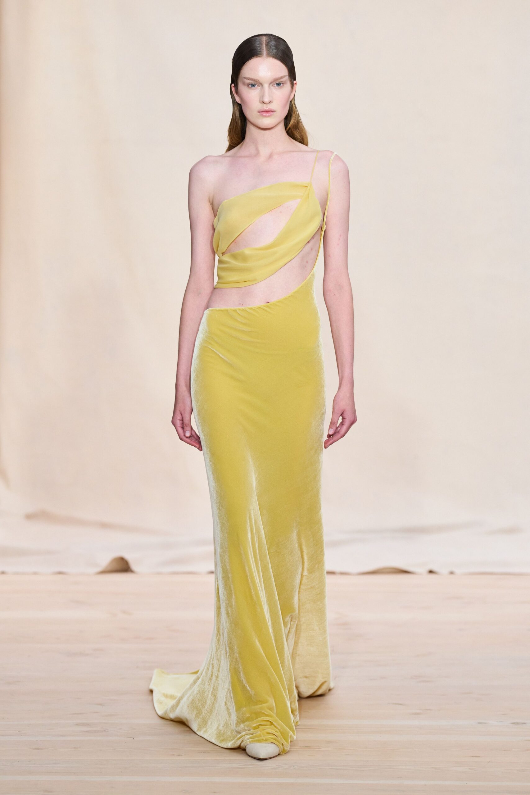 yellow velvet fitted gown