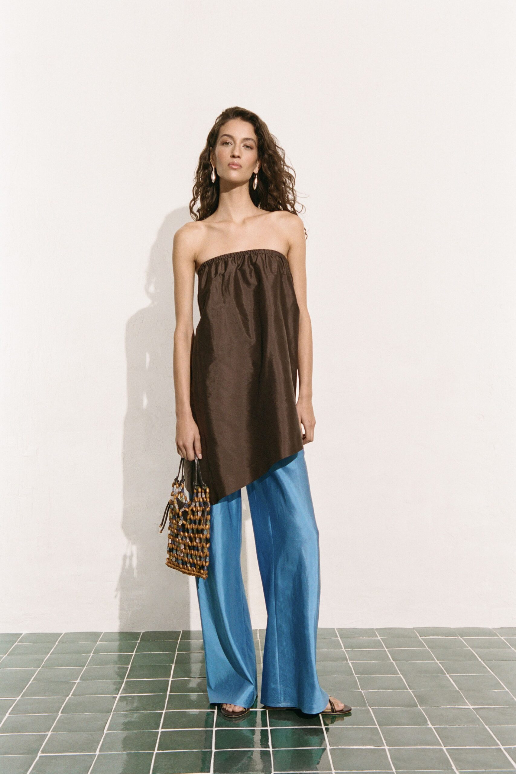 brown cotton strapless asymmetric relaxed top