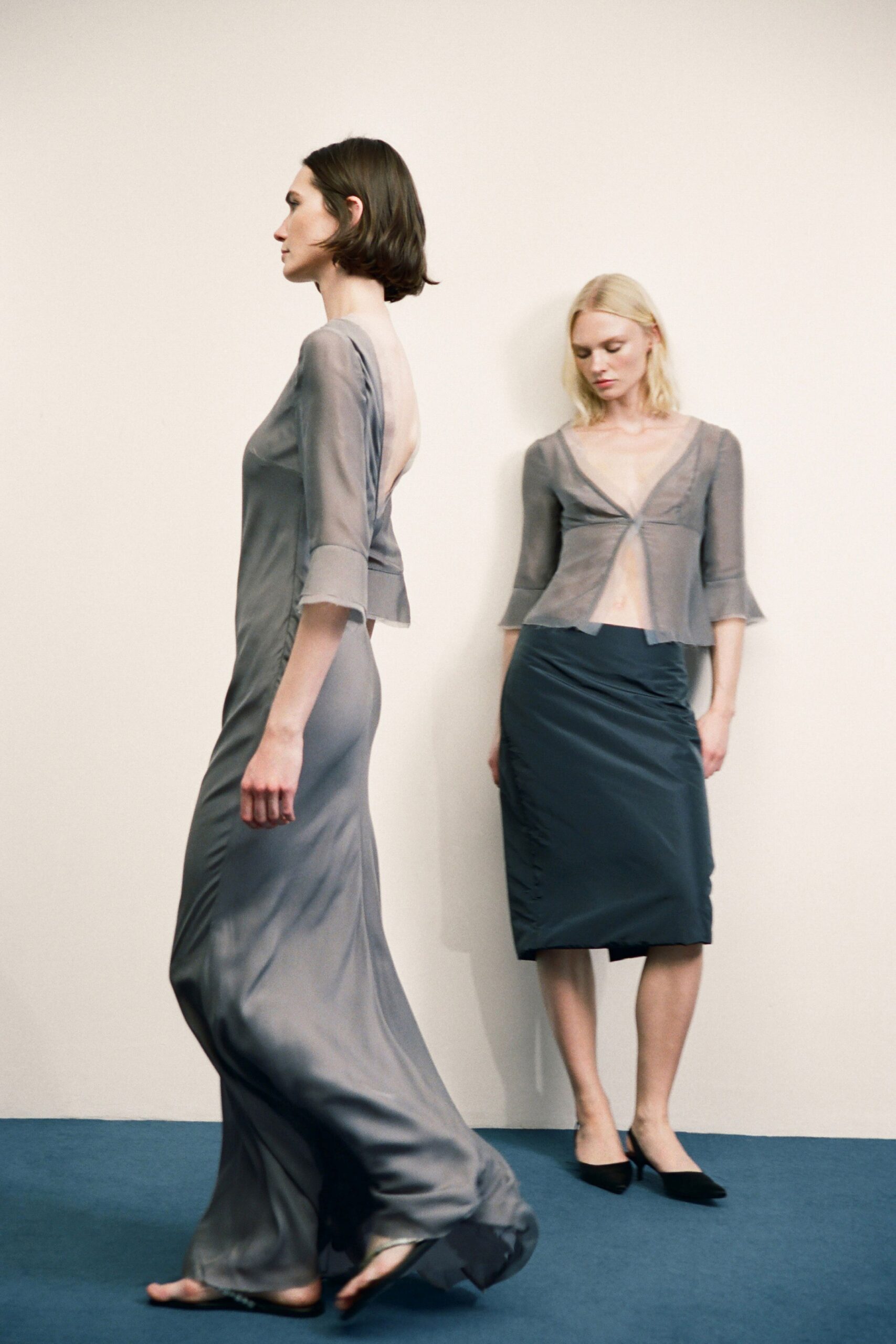 gray silk long-sleeve v-neck relaxed layered blouse