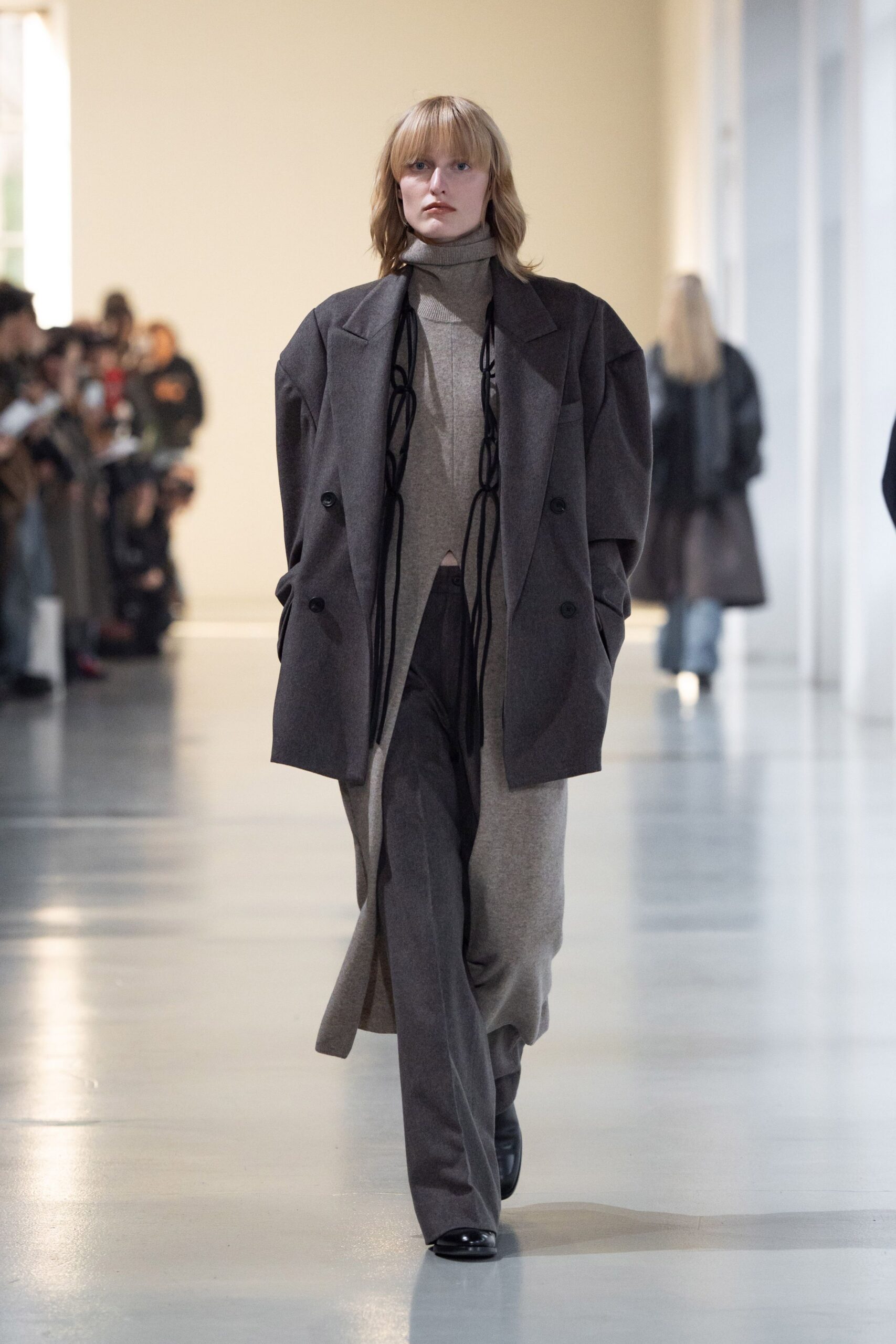 gray oversized coat beige midi dress
