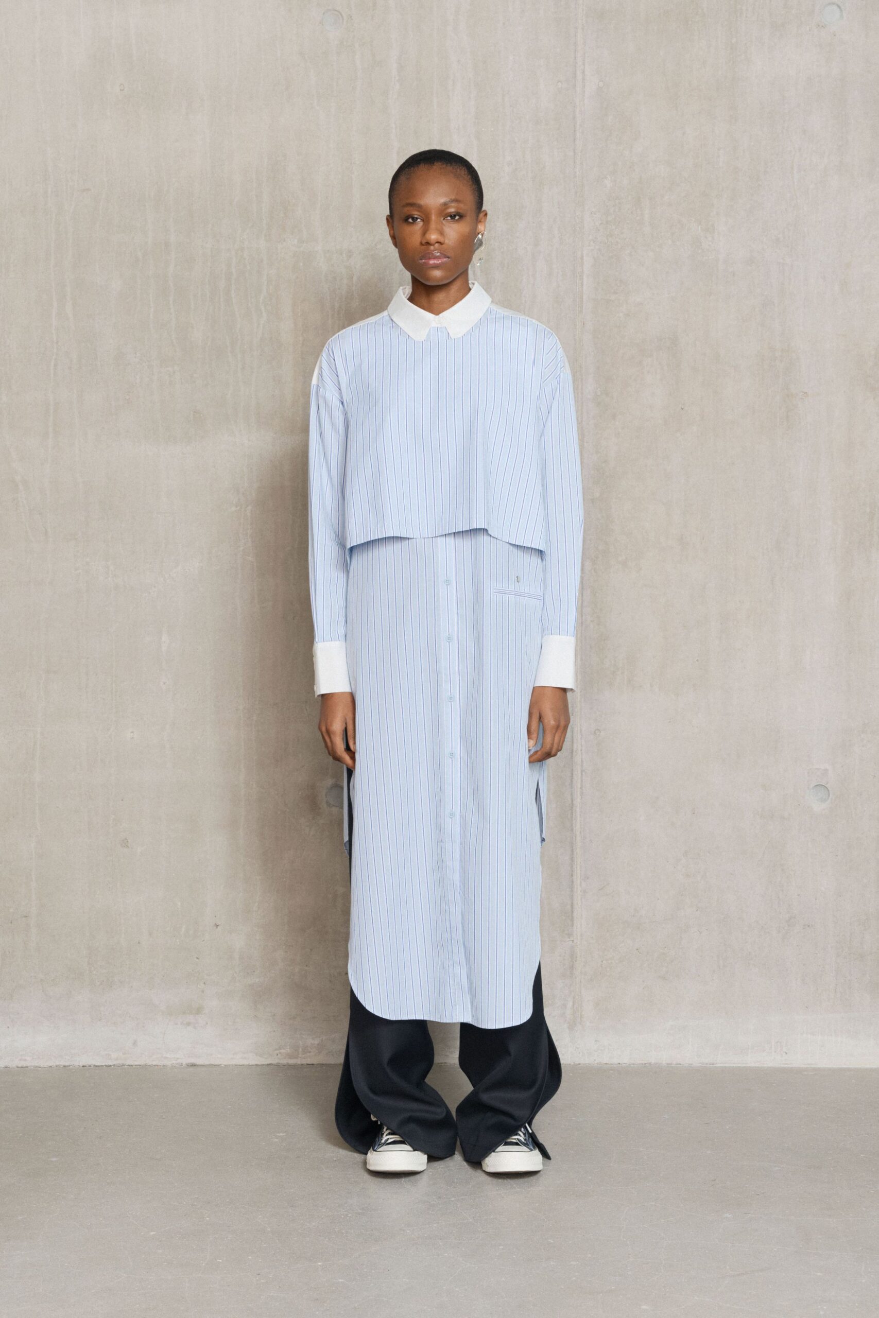blue cotton long-sleeve collared relaxed buttoned striped shirt-dress