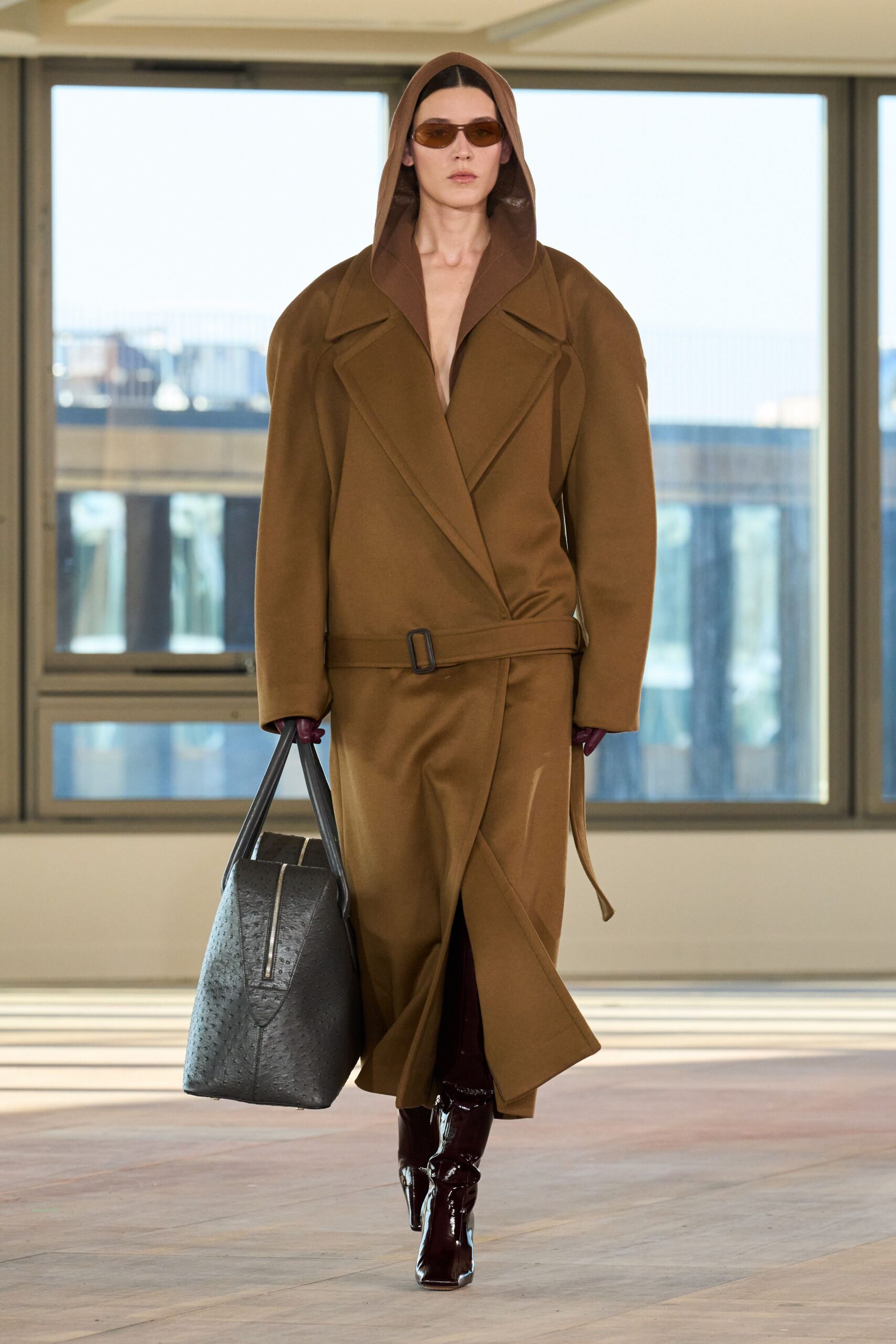 brown wool long-sleeve collared oversized belted maxi coat