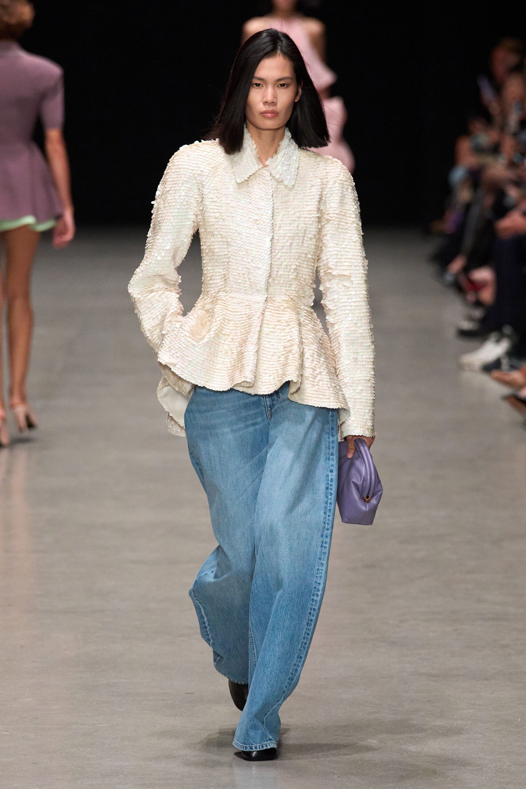 white tweed blouse with wide-leg jeans