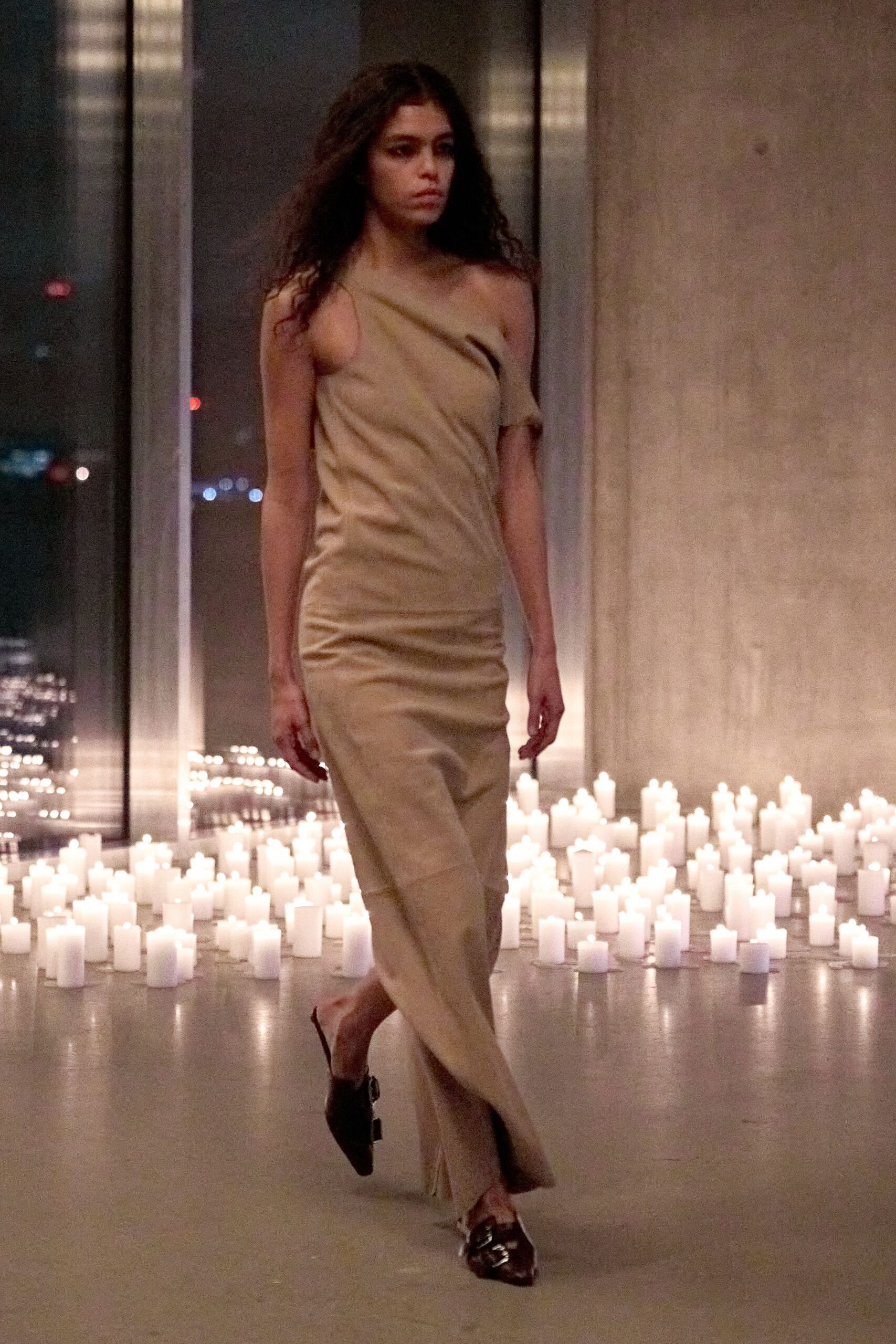 beige silk asymmetric gown with shoes