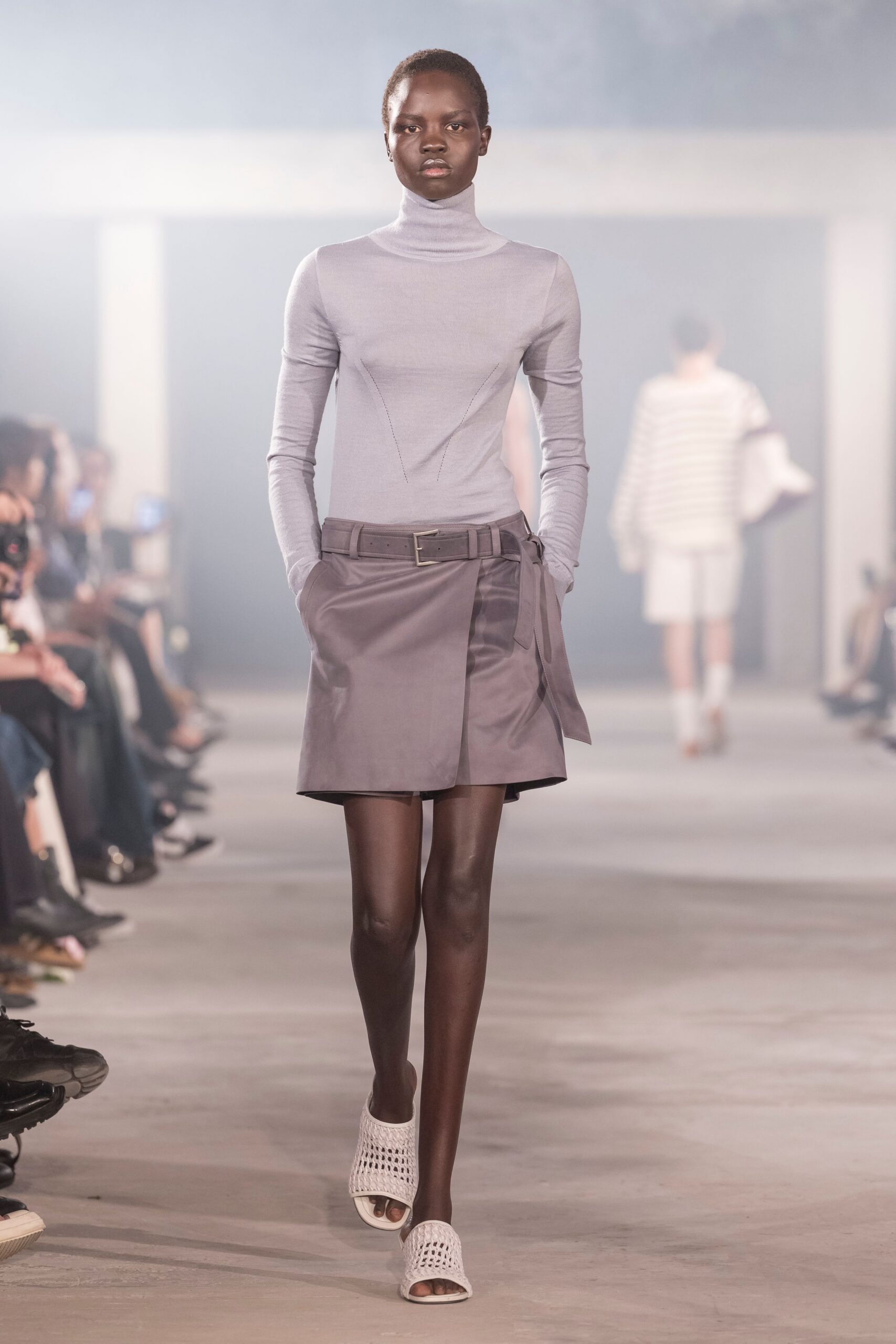 gray fitted top and skirt