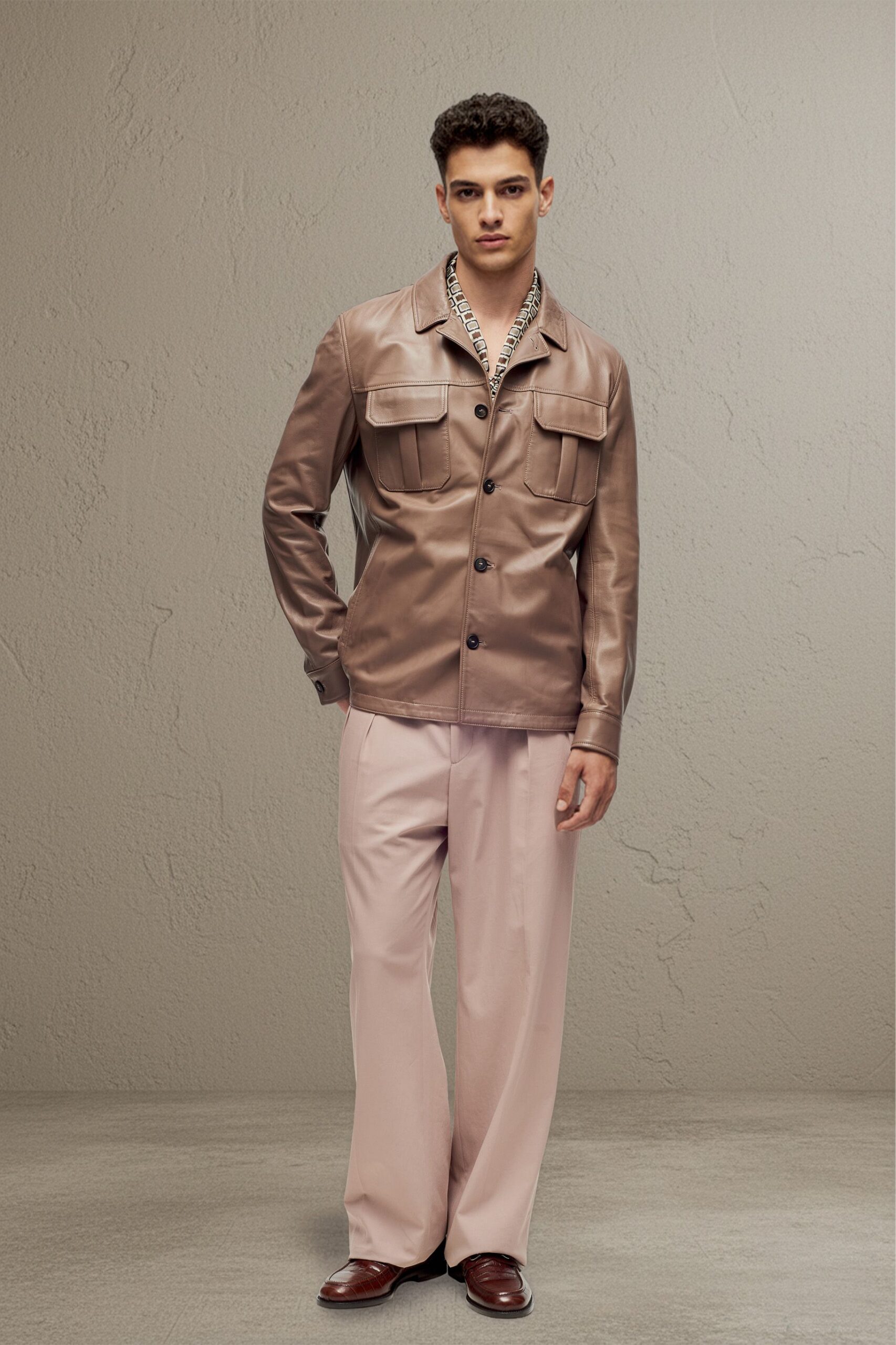 brown leather long-sleeve collared structured buttoned pockets jacket