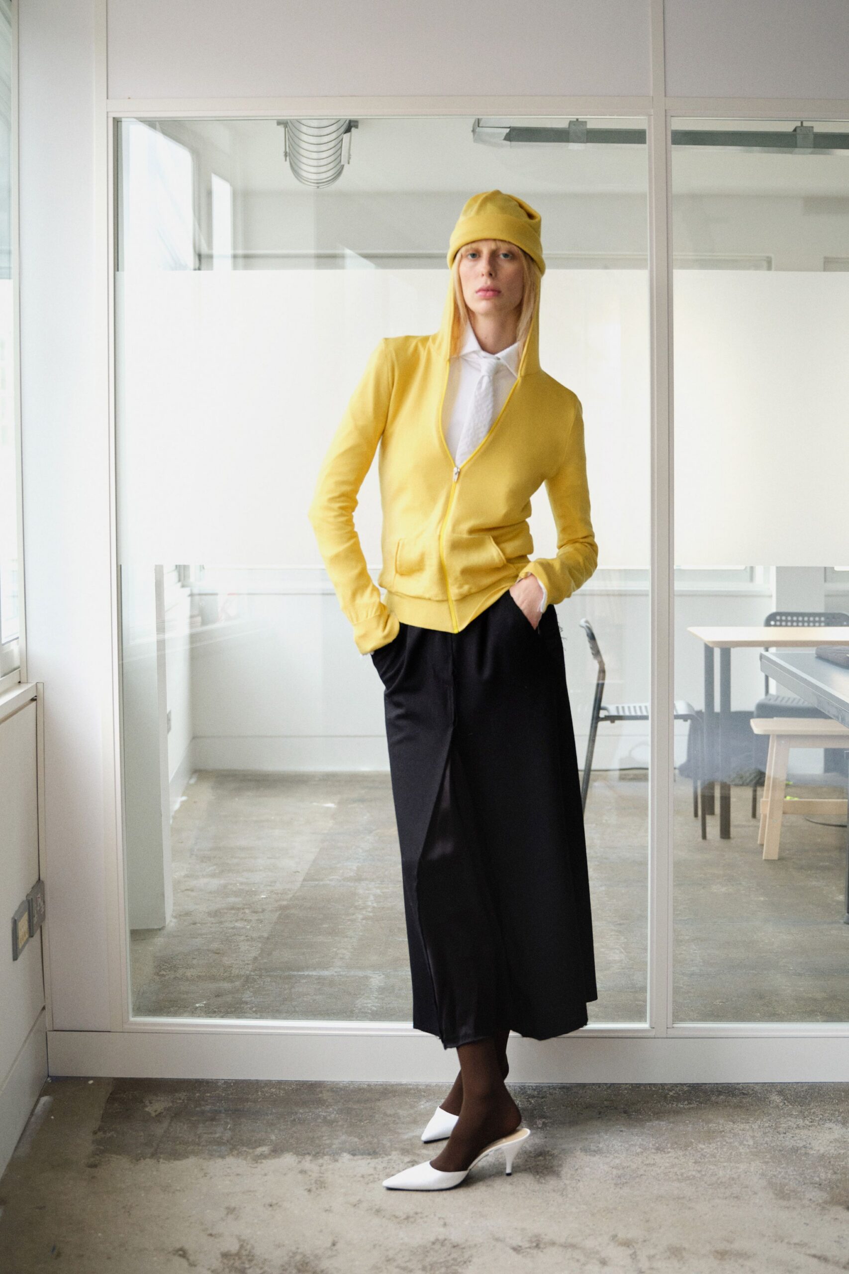 yellow hoodie with white shirt