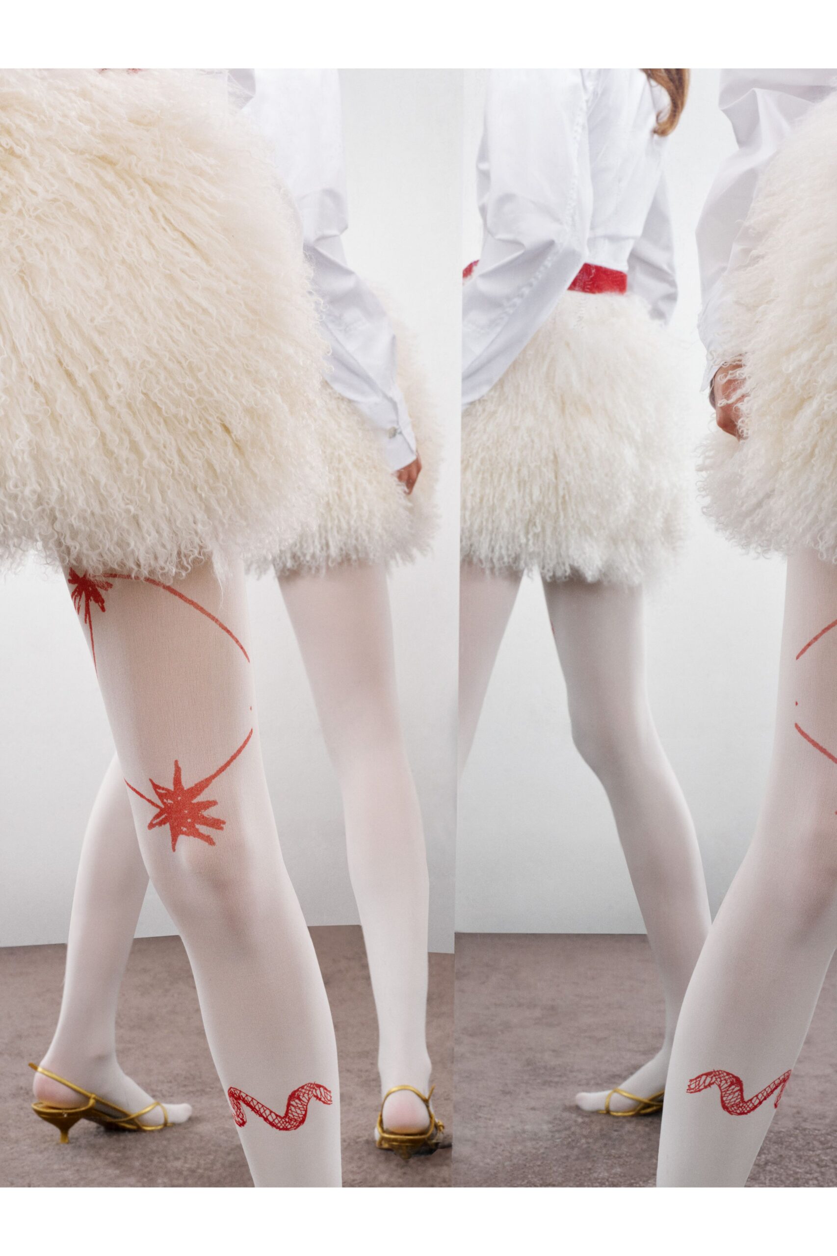 white relaxed blouse with fur skirt