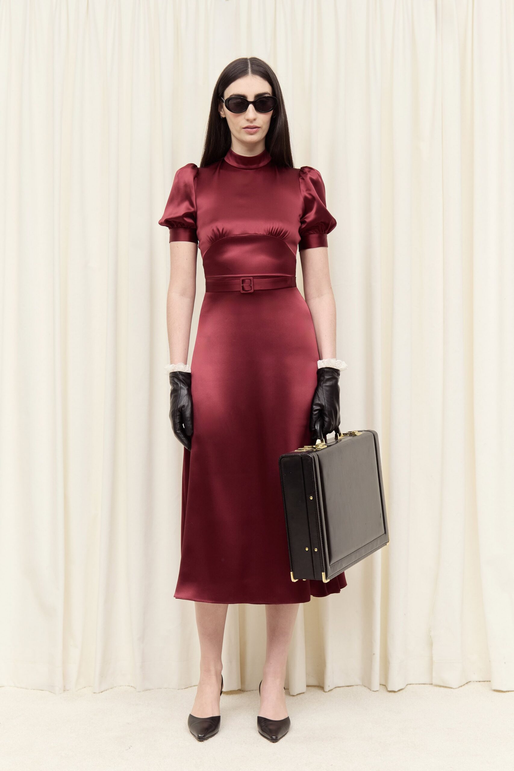 red satin short-sleeve high-neck fitted belted pencil dress