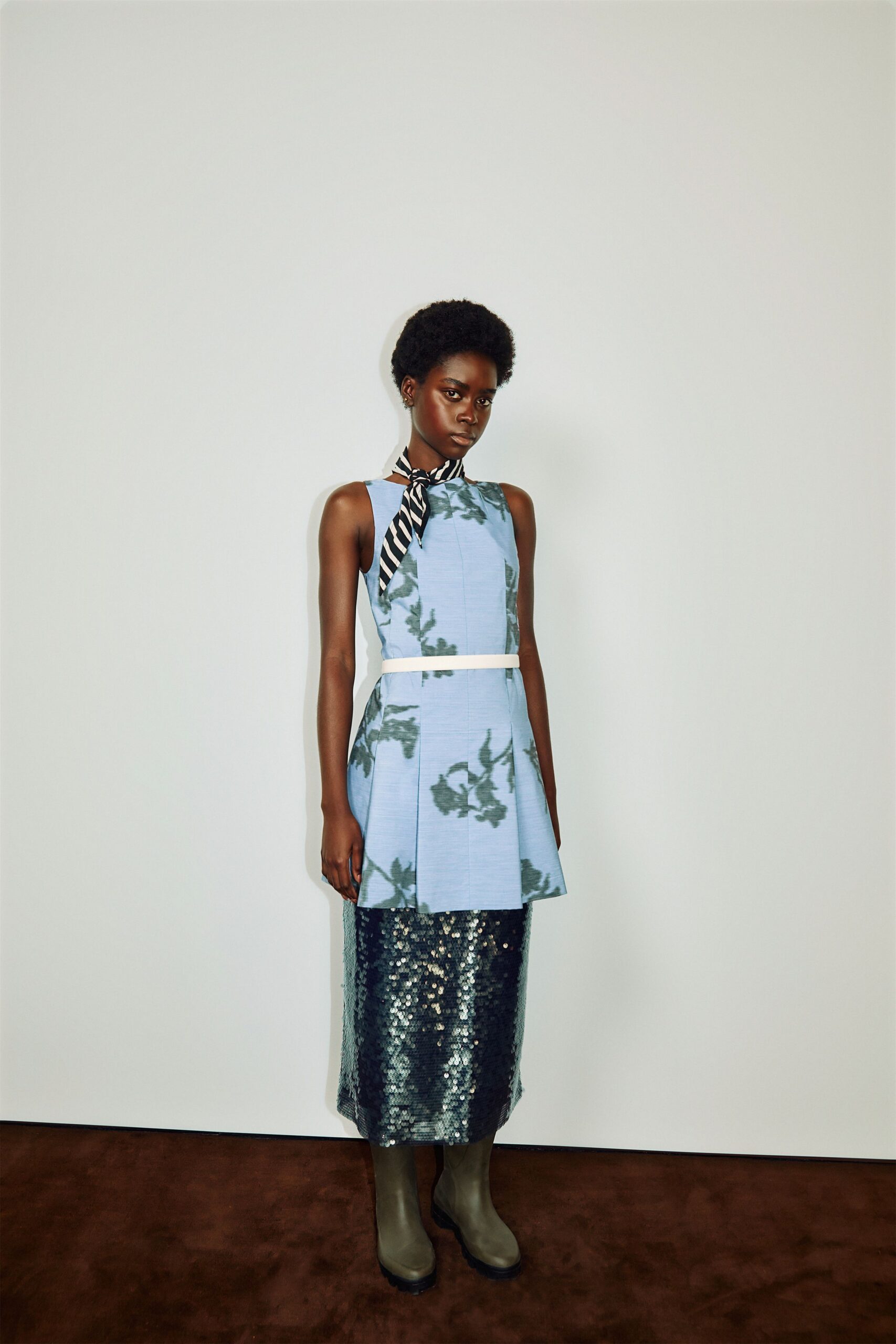 blue sequin sleeveless high-neck fitted layered printed dress