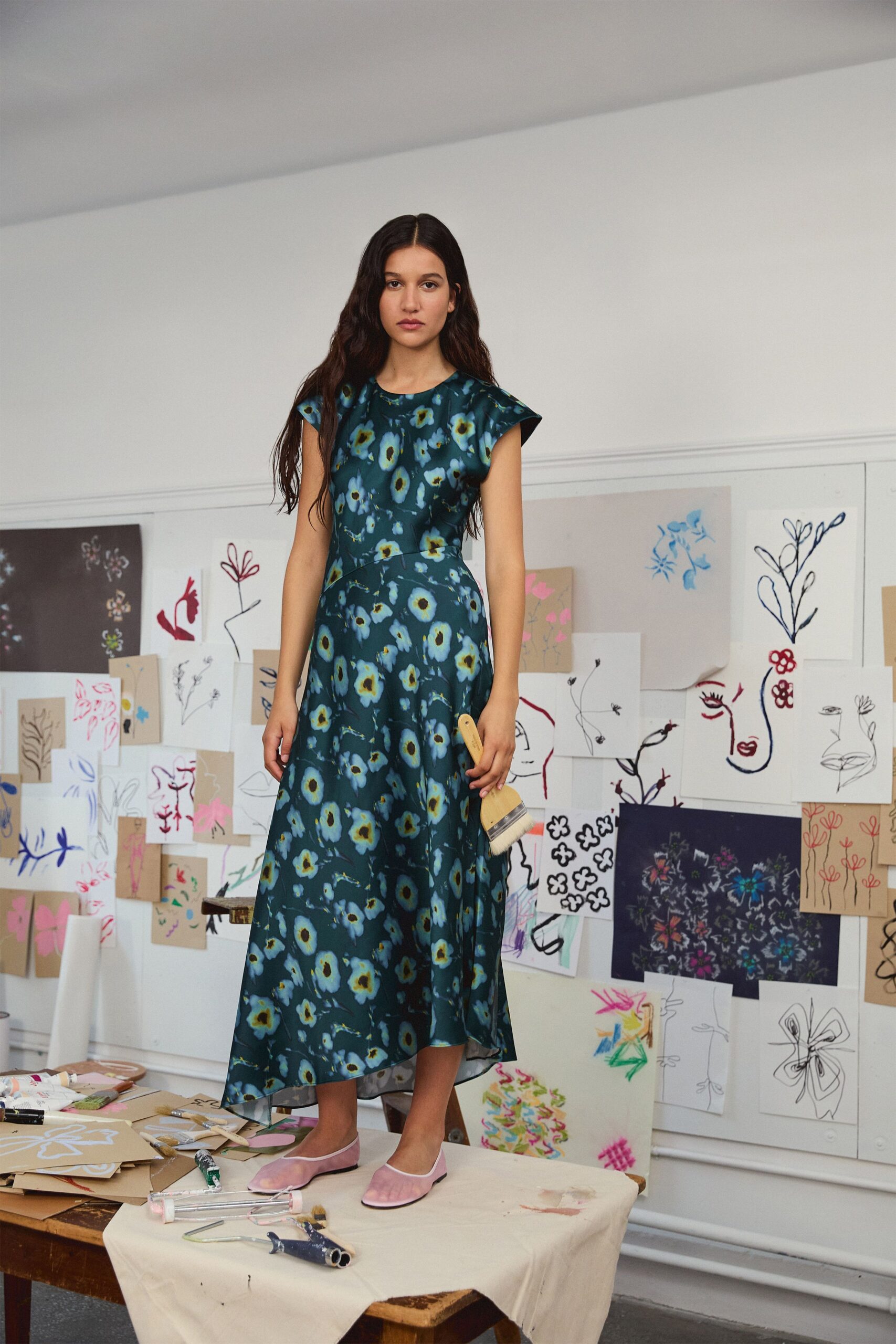 blue silk short-sleeve collared fitted floral tiered dress