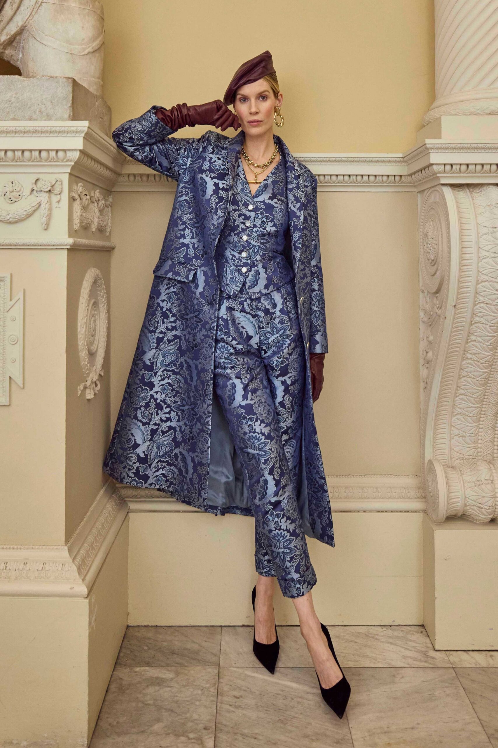 blue silk long-sleeve collared tailored floral buttoned coat