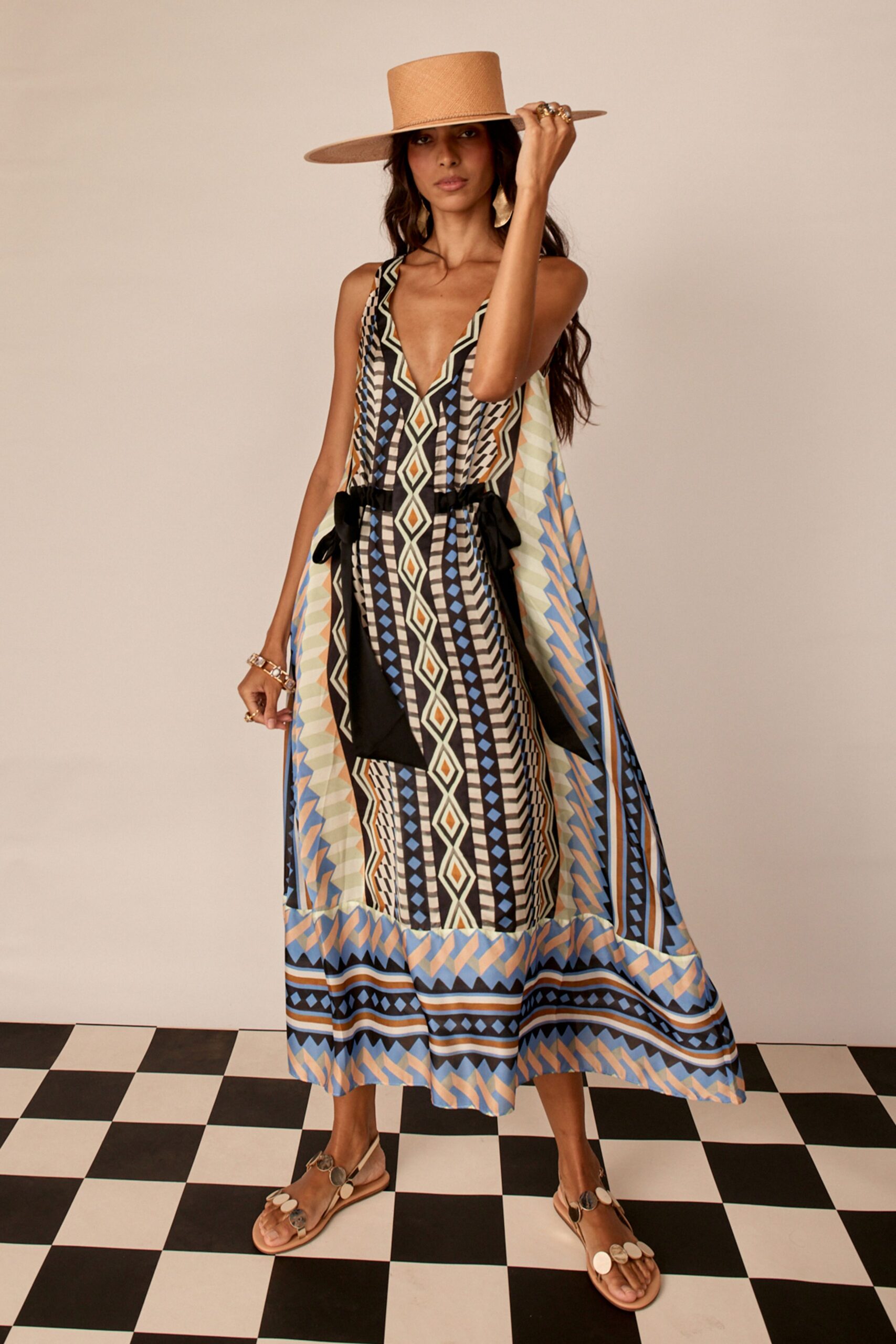 blue cotton sleeveless v-neck relaxed printed tiered dress