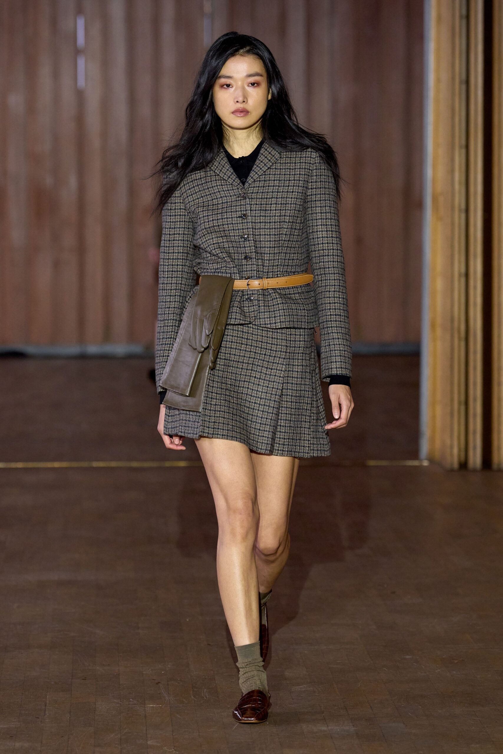 gray cotton long-sleeve collared fitted checked belted dress