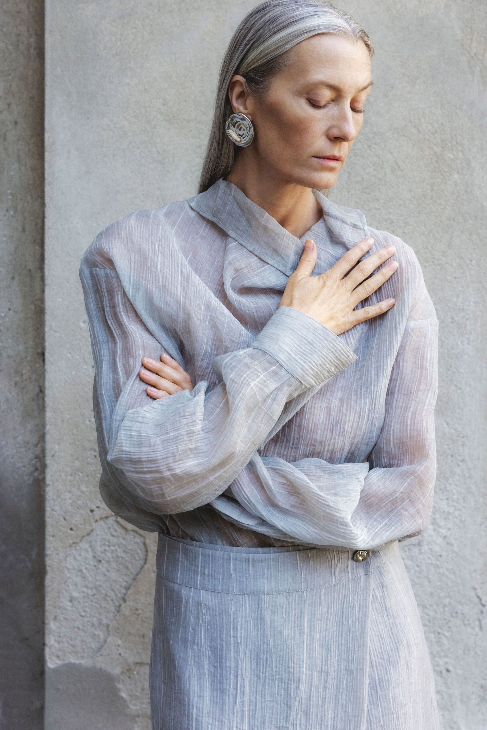 gray silk long-sleeve collared relaxed pleated sheer blouse