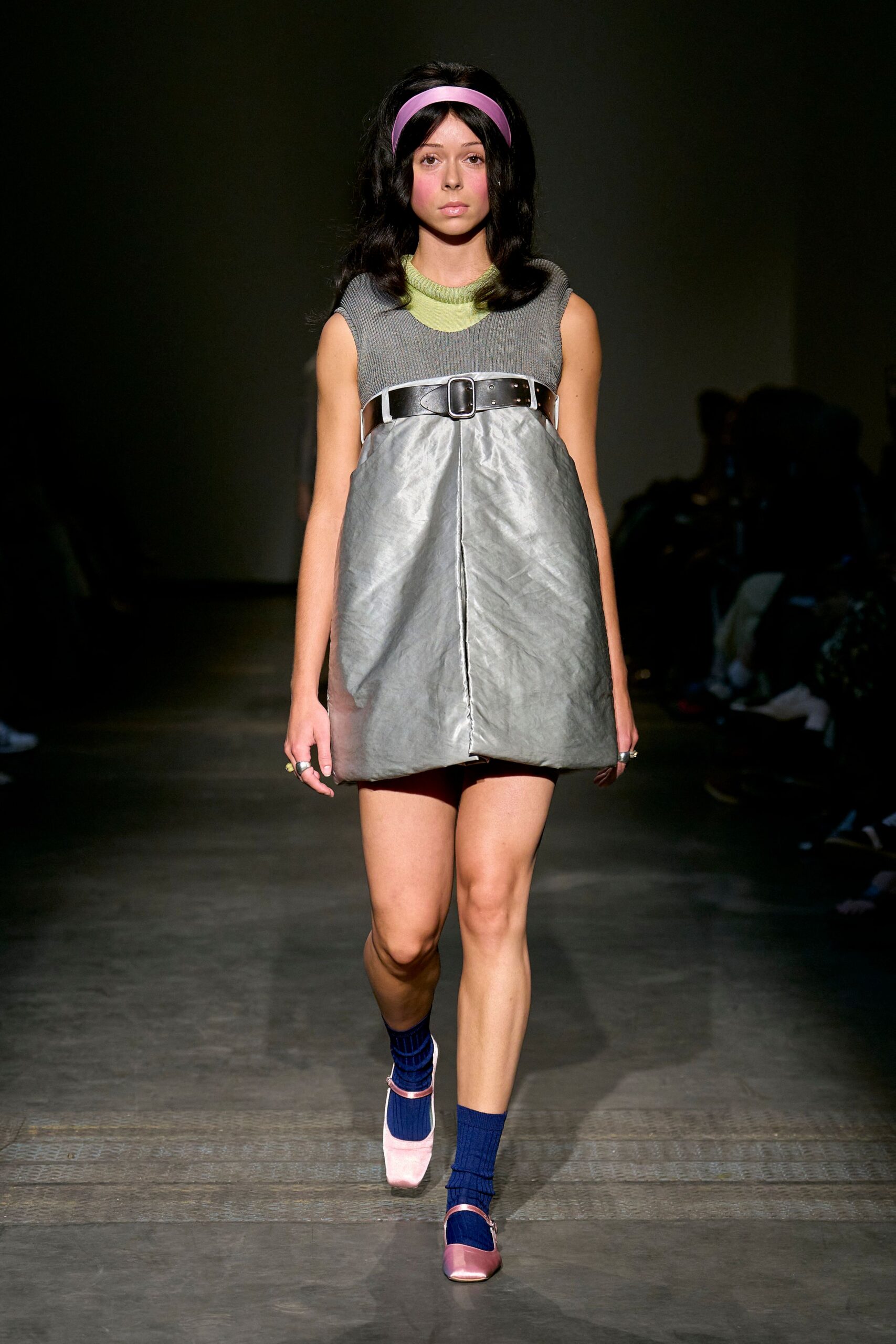 gray metallic sleeveless high-neck fitted belted a-line dress