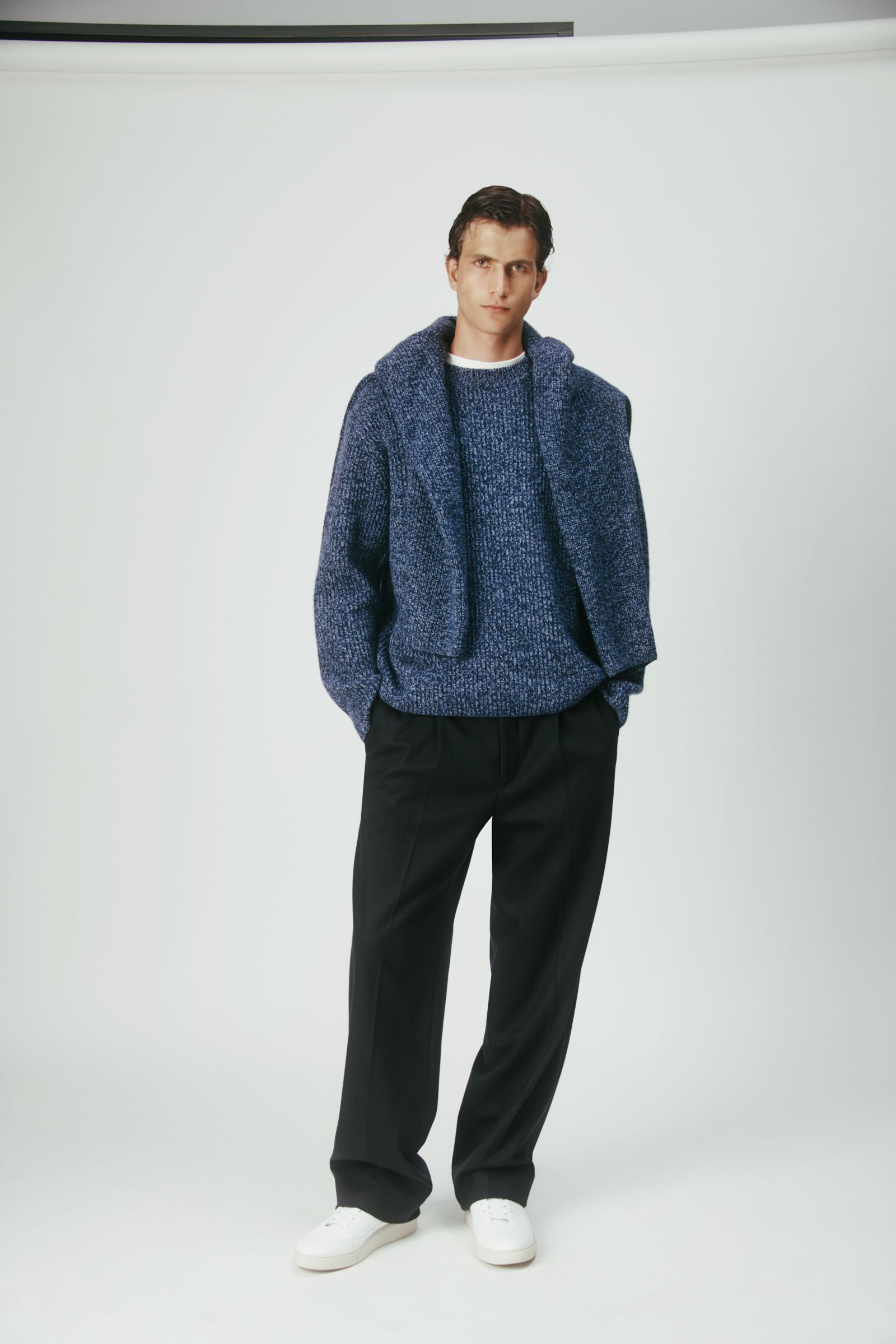 blue wool long-sleeve collared oversized jacket