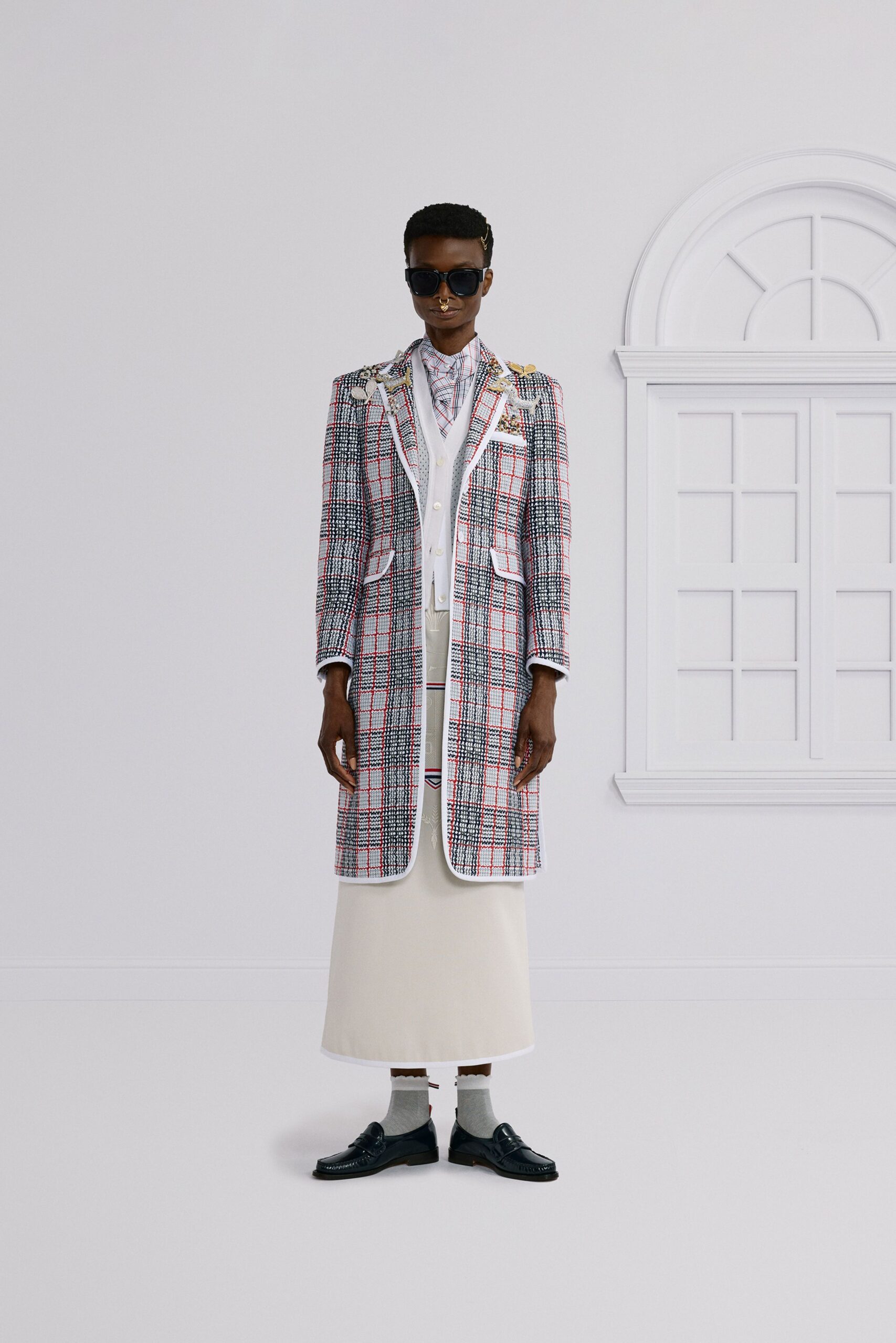 multi cotton long-sleeve collared structured checked buttoned coat