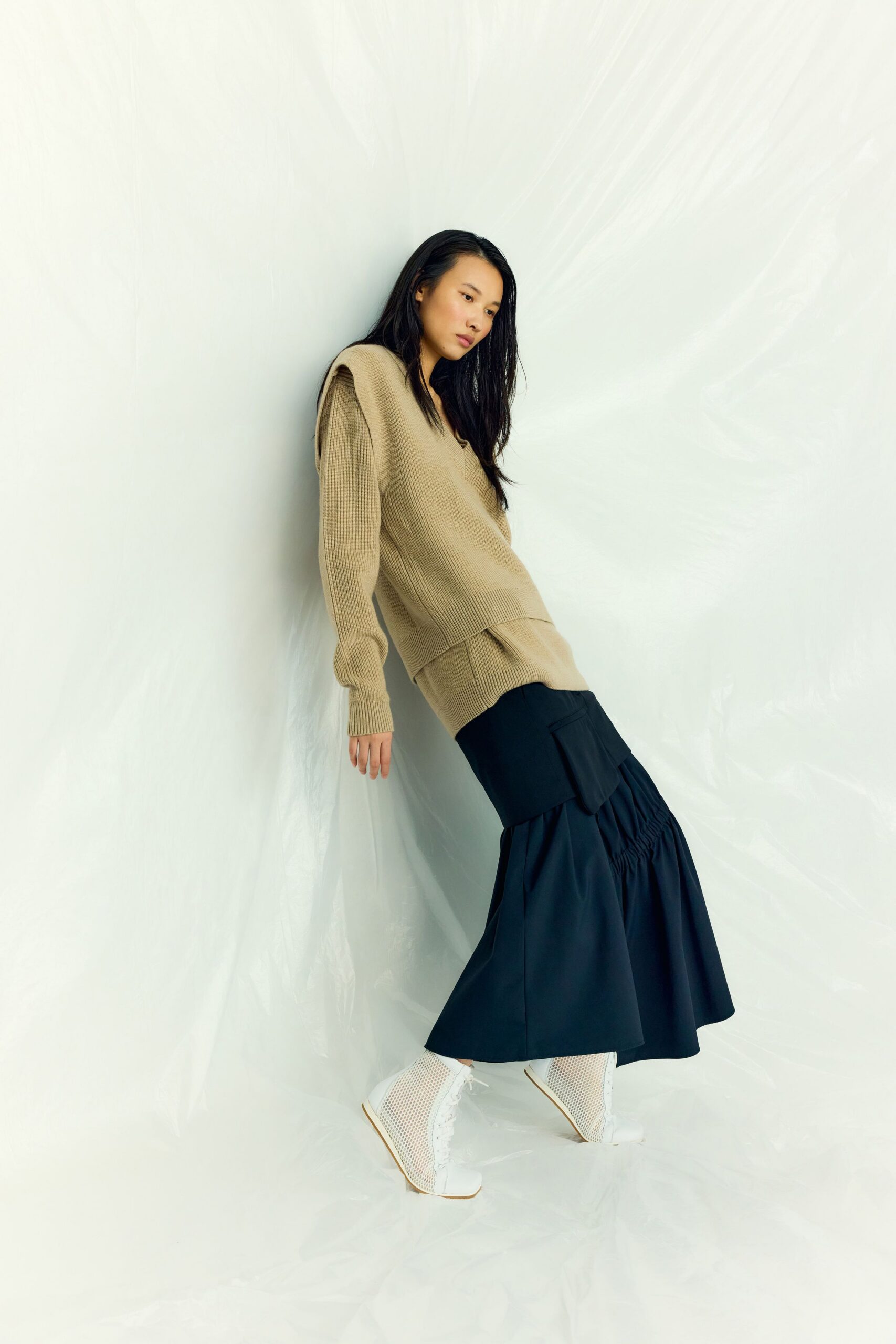 beige cotton sleeveless oversized ribbed sweater