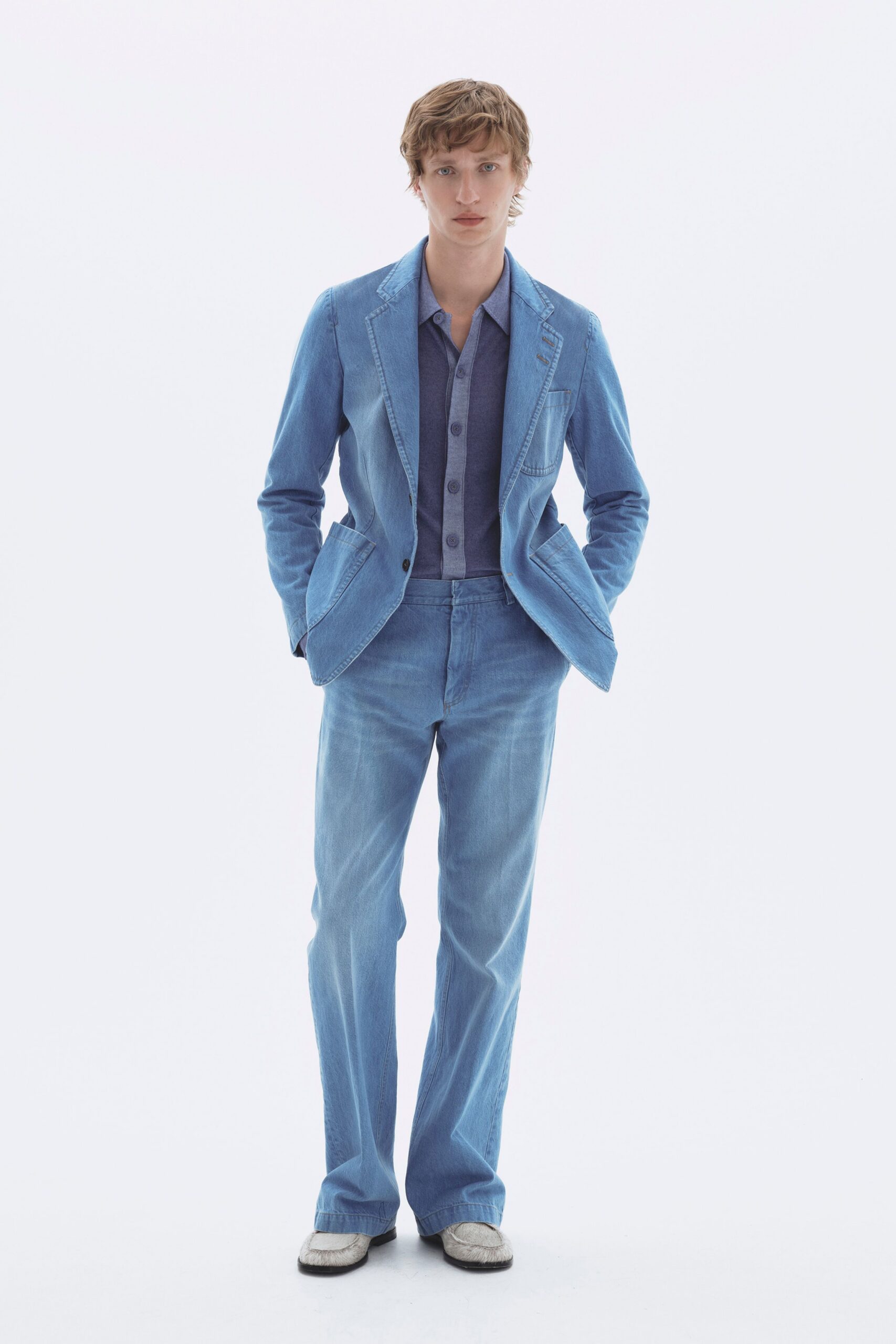 blue denim long-sleeve collared tailored buttoned suit