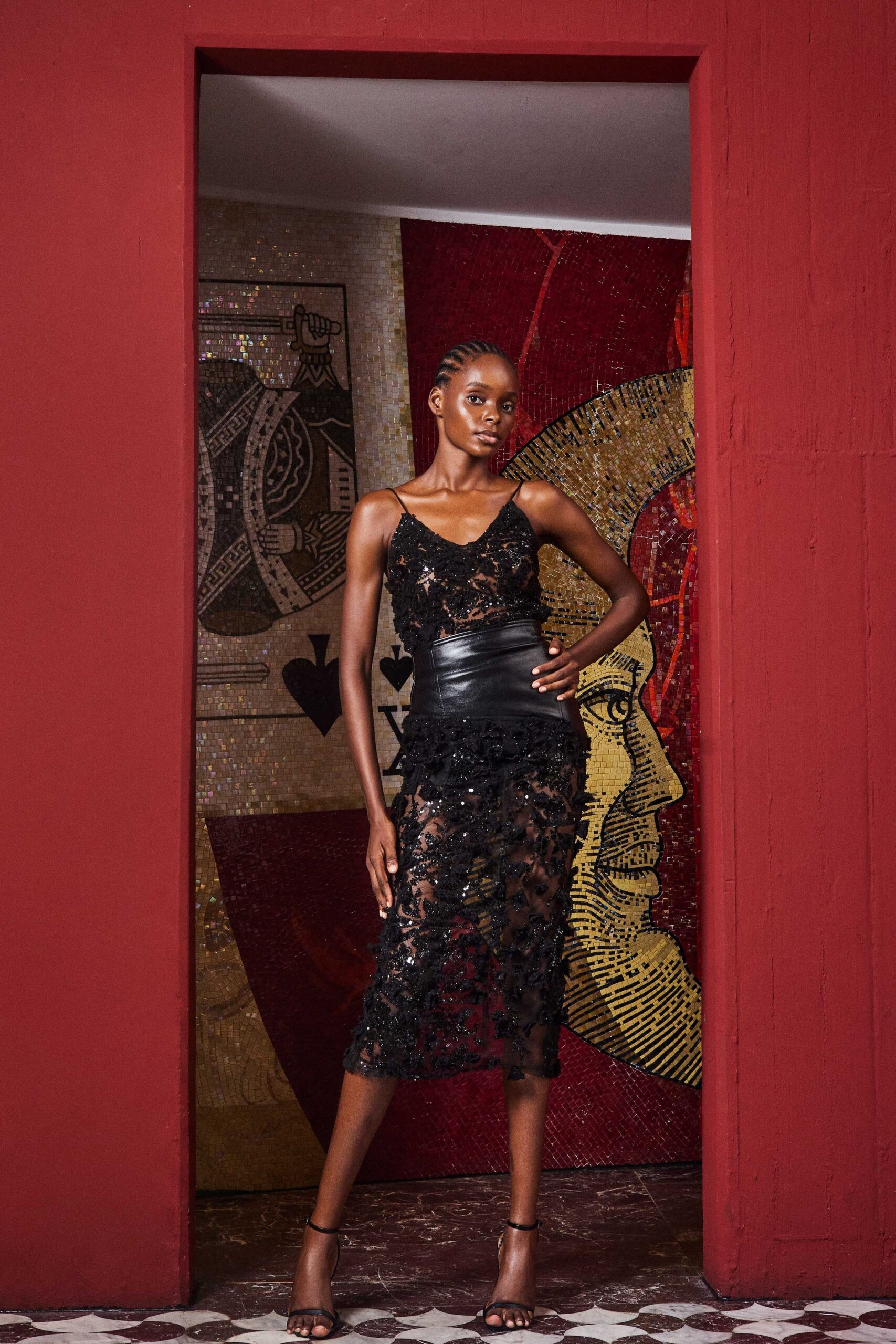 black lace sleeveless v-neck fitted sequined ruched dress