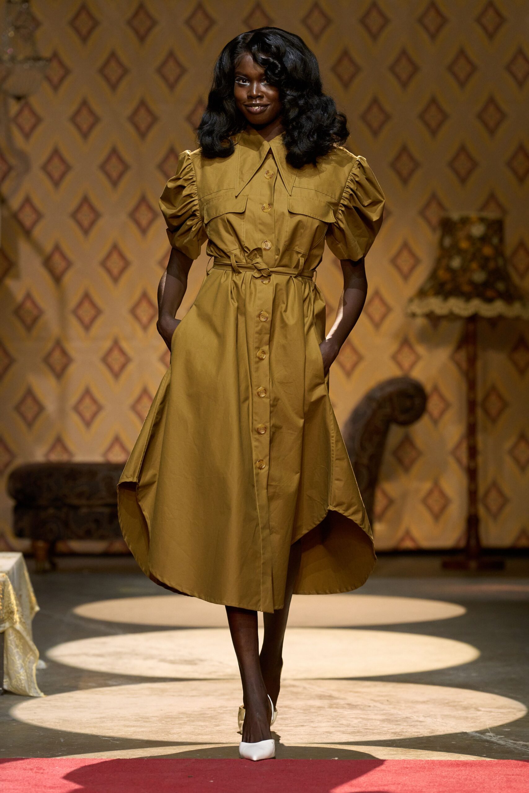 brown cotton shirt-dress with white heels