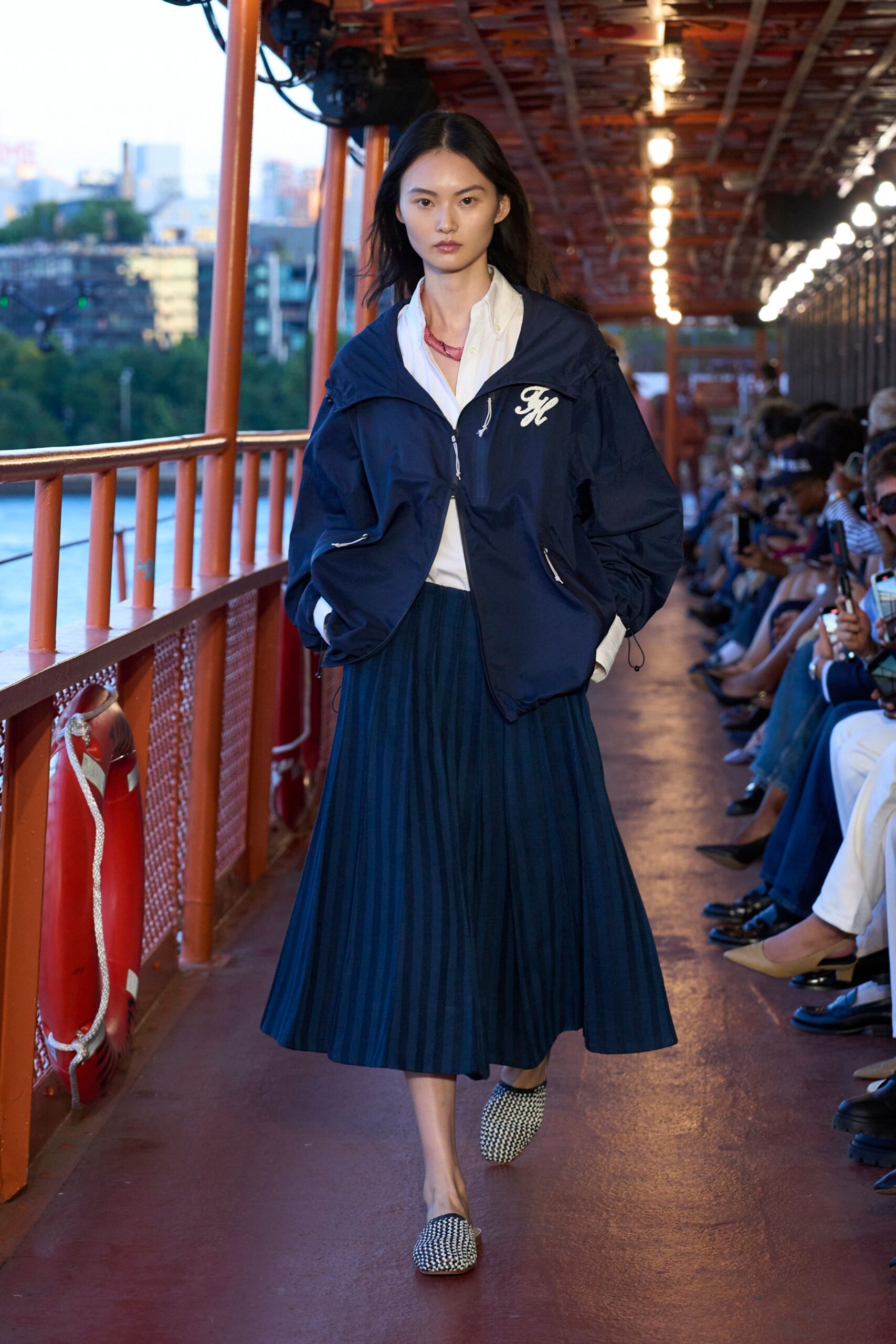 blue cotton long-sleeve collared relaxed zippered jacket
