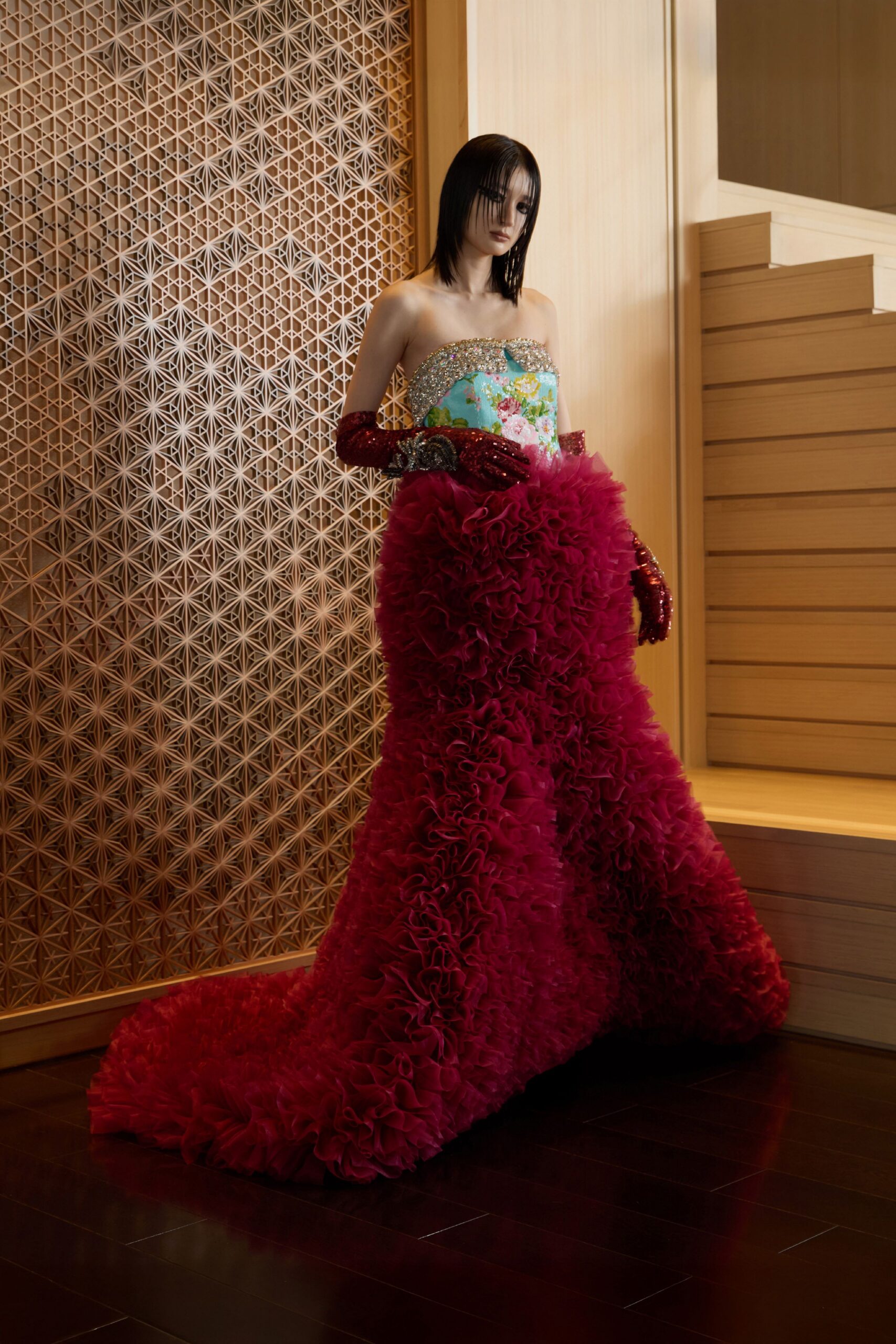 red silk strapless fitted ruffled maxi gown