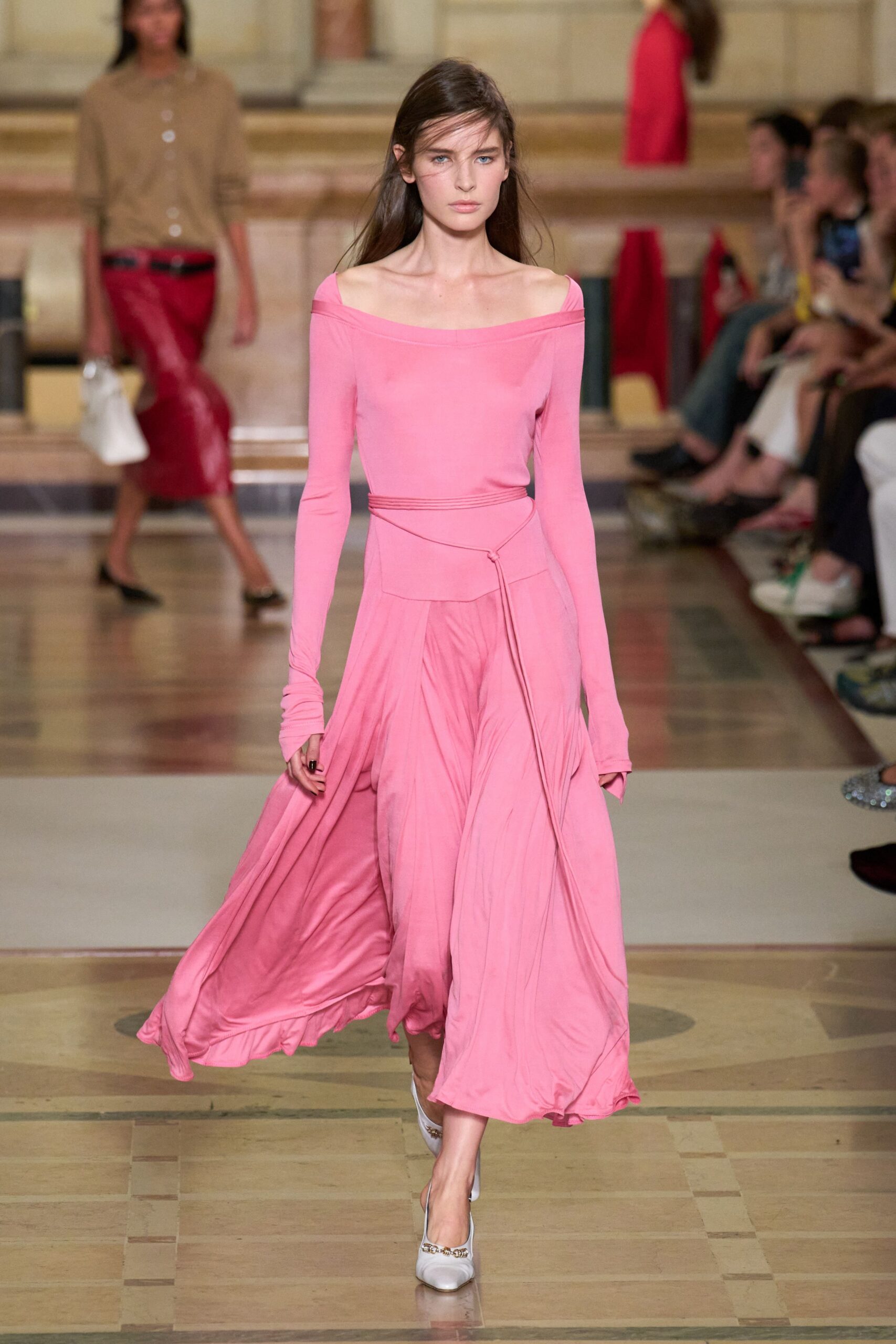 pink silk long-sleeve off-shoulder fitted flowing midi dress