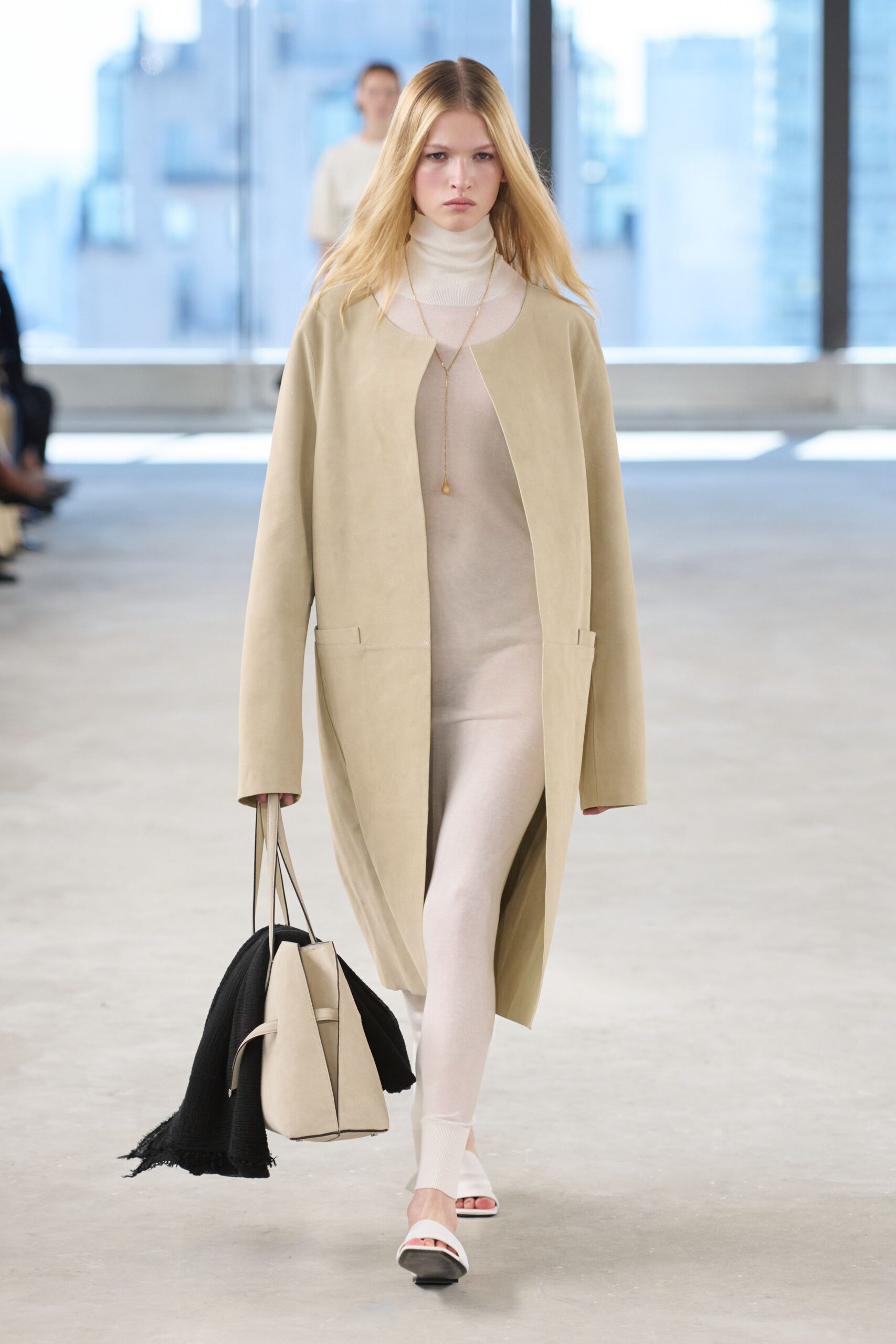 beige suede long-sleeve collared relaxed coat